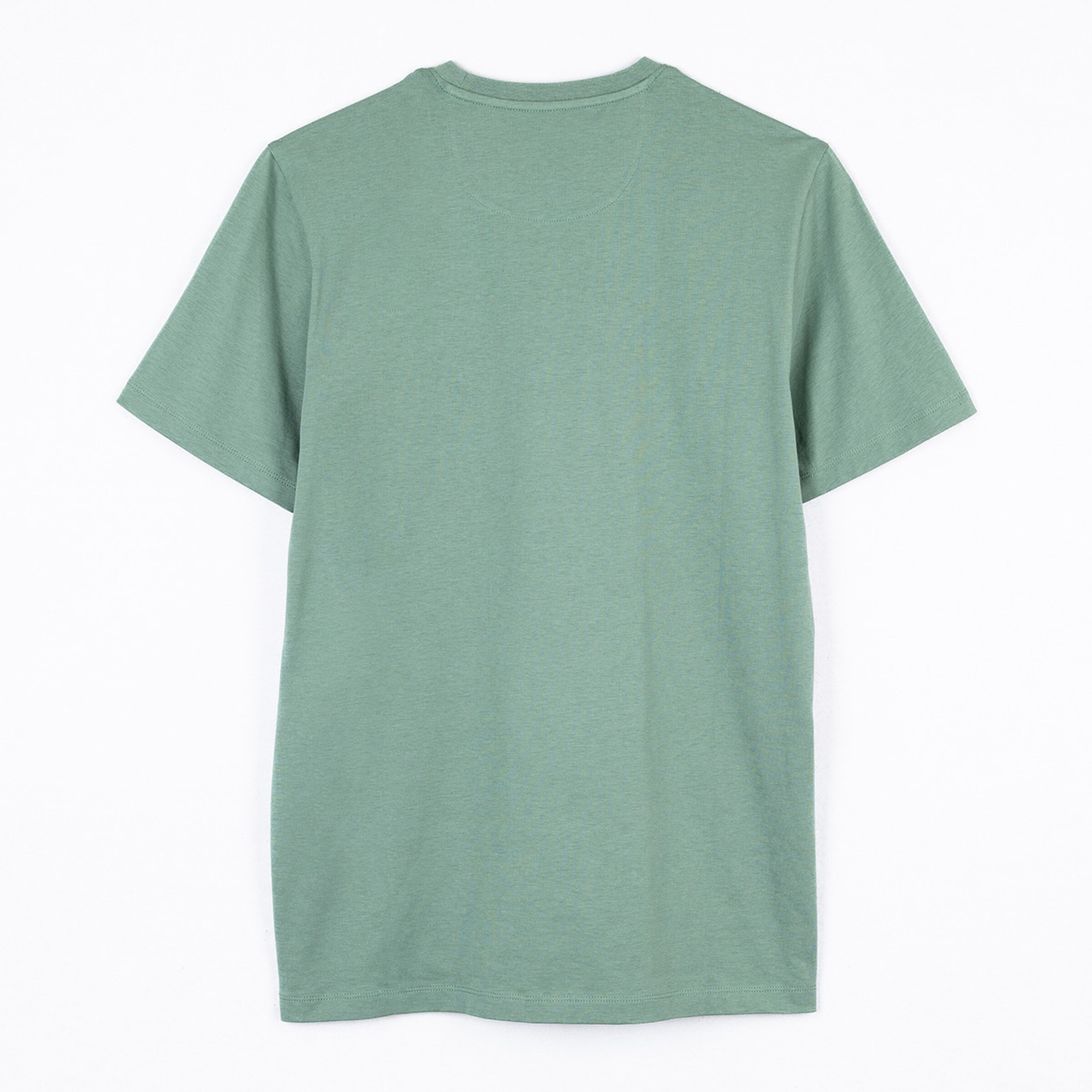 A plain green t-shirt viewed from the back.