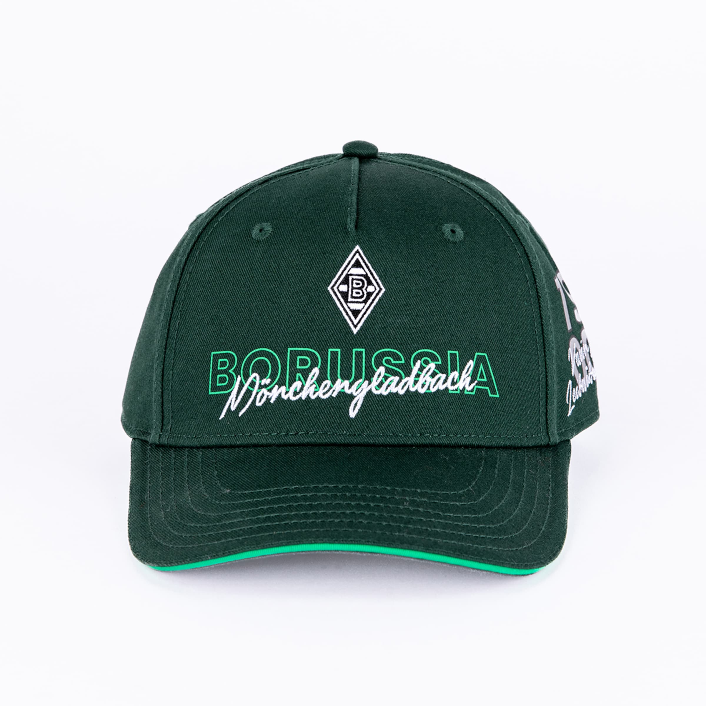 Dark green Borussia Mönchengladbach cap with club logo, green lettering, and white cursive script. Green trim on the brim edge.