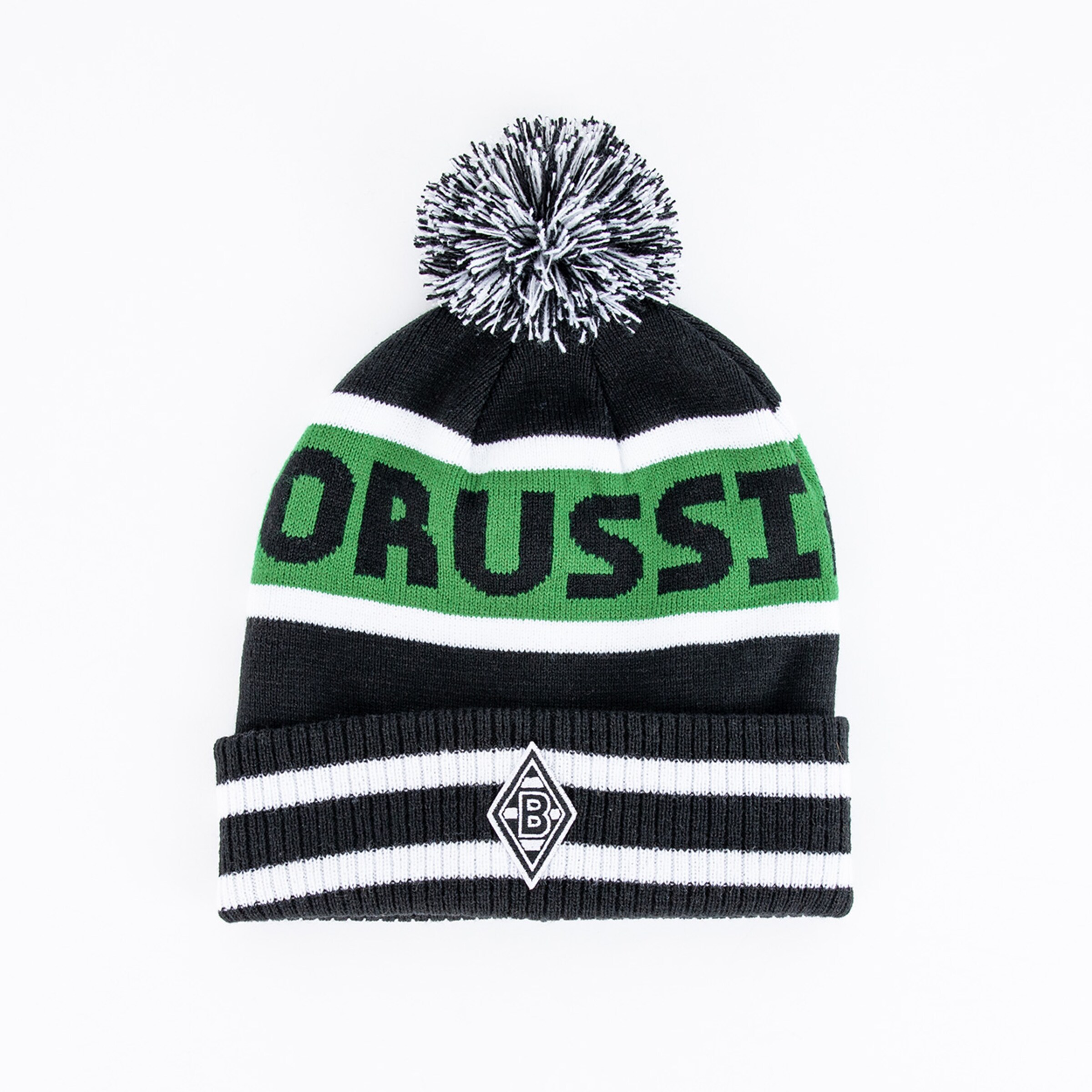 Schwarz-weiße Mütze mit BORUSSIA-Aufschrift und Bommel.