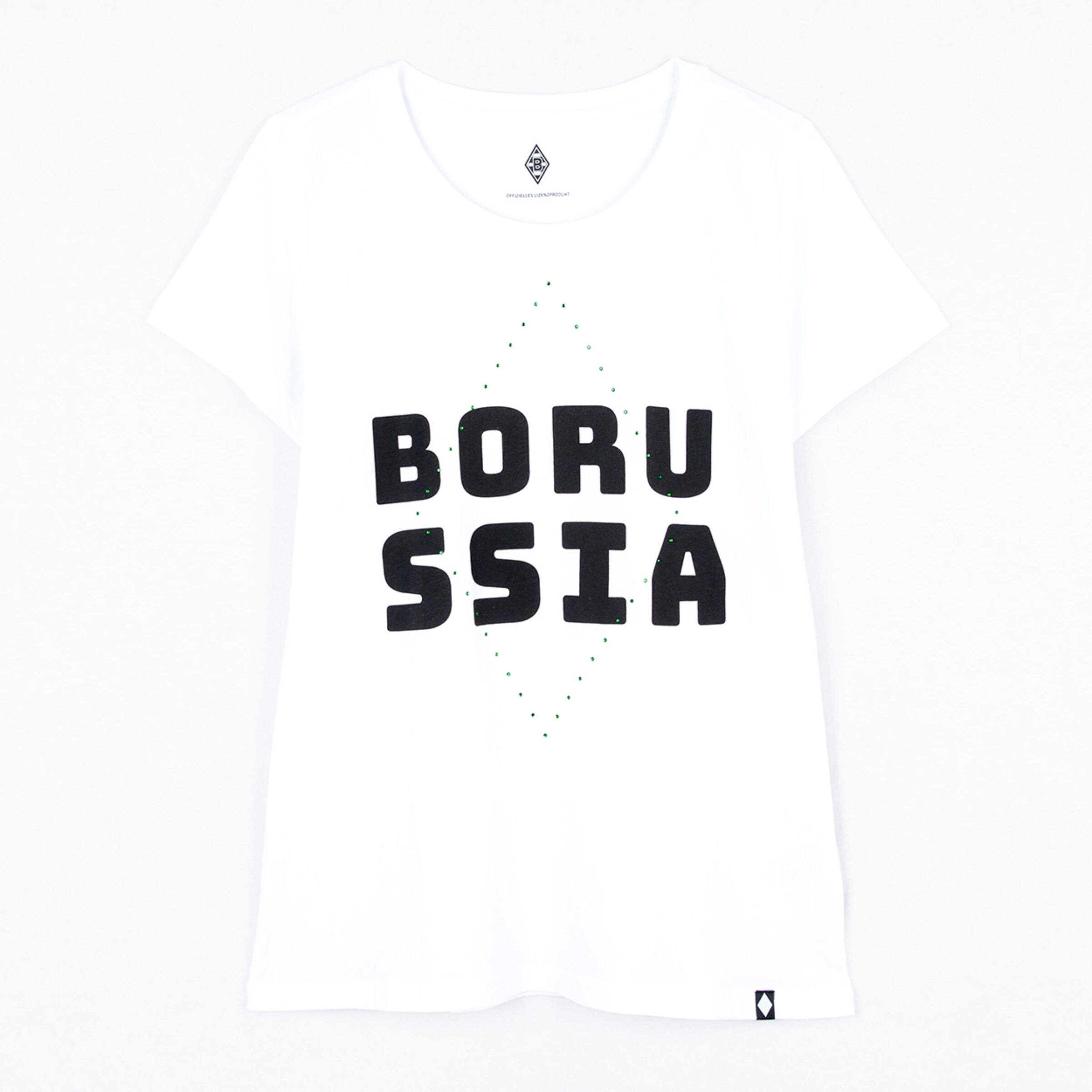 White women's T-shirt with black "BORUSSIA" lettering framed by a green dot diamond. Official club logos at the neck and bottom hem.