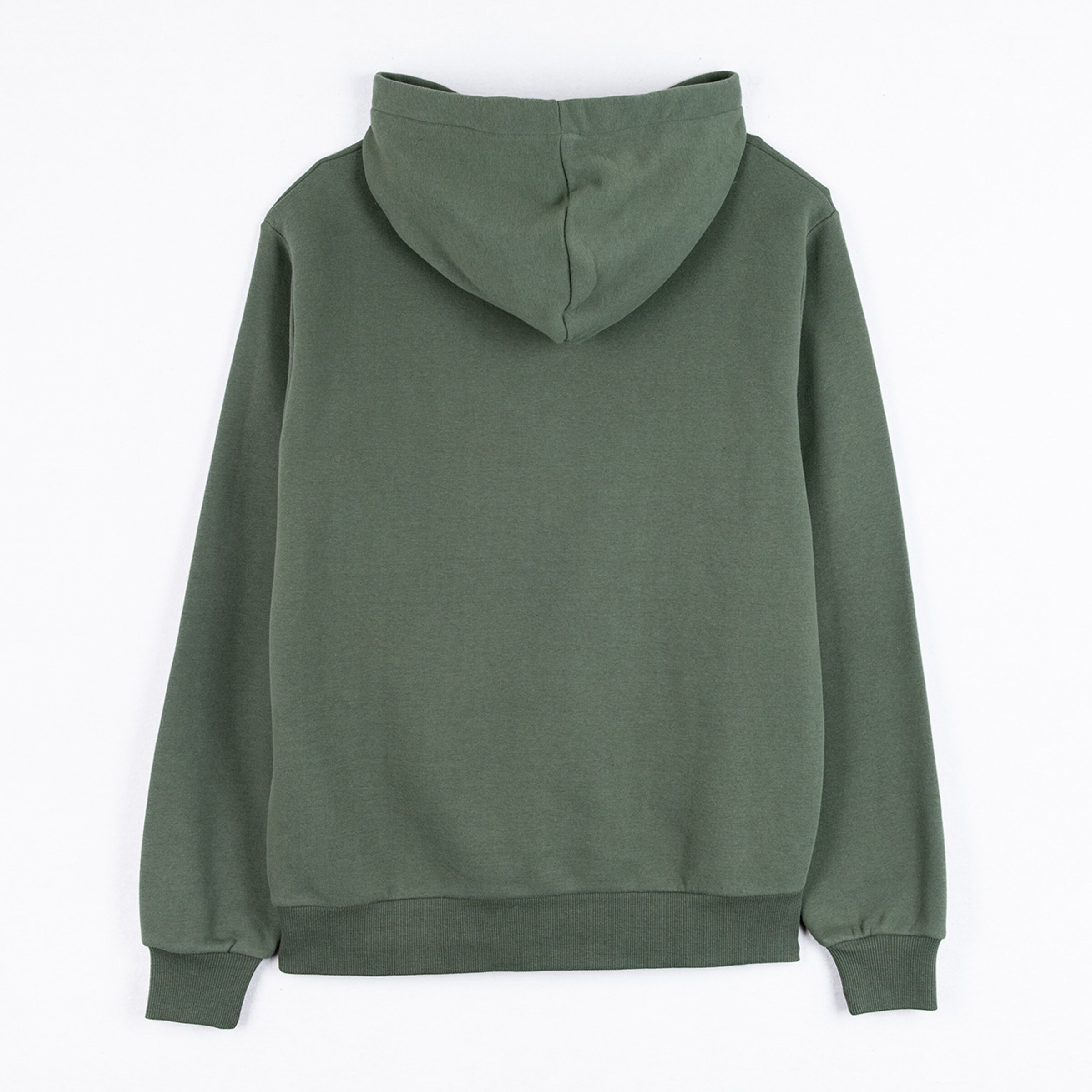 Grüner Kapuzenpullover von hinten ohne sichtbare Logos oder Designs.