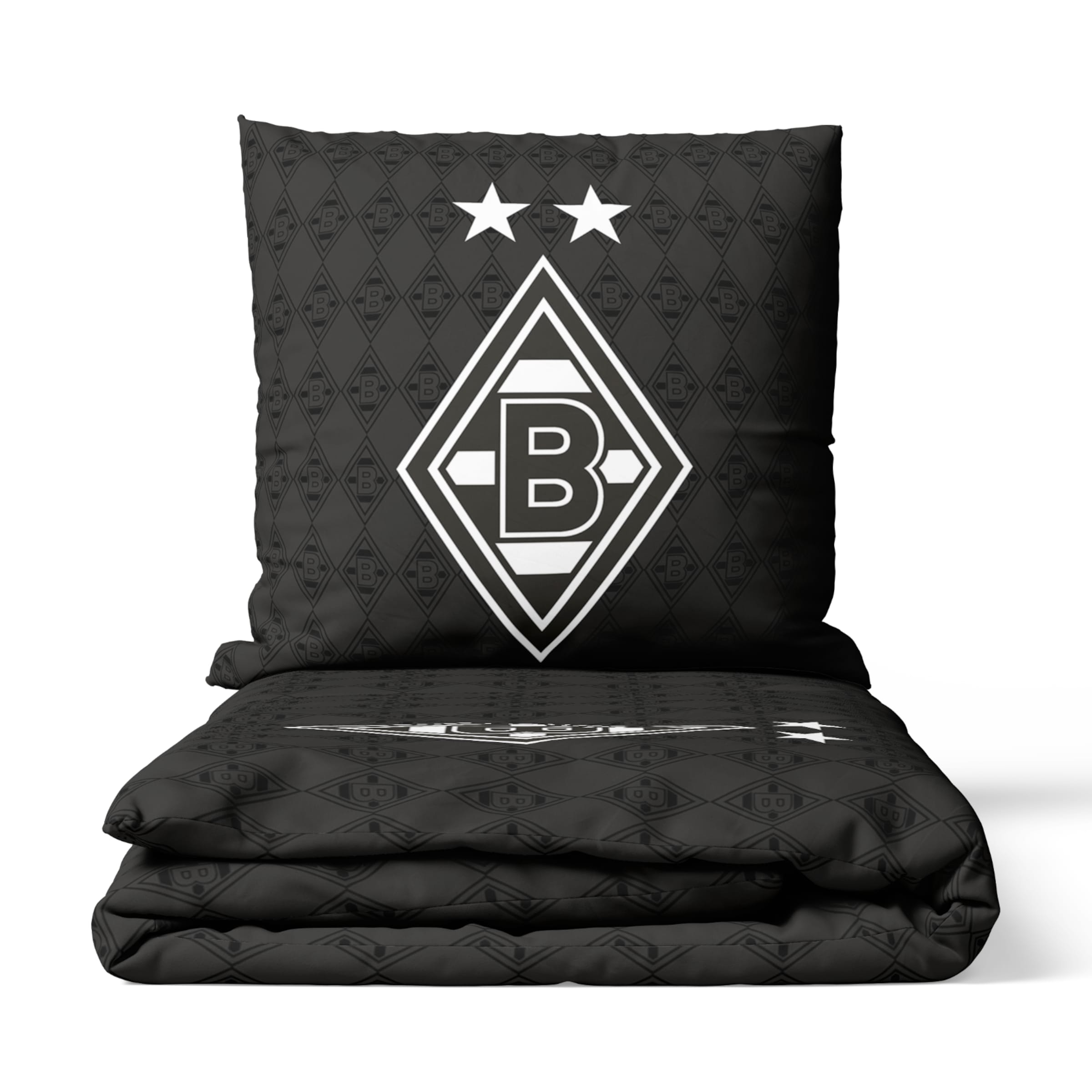 Schwarzes Bettwäsche-Set mit dem Borussia Mönchengladbach-Logo und zwei Sternen.