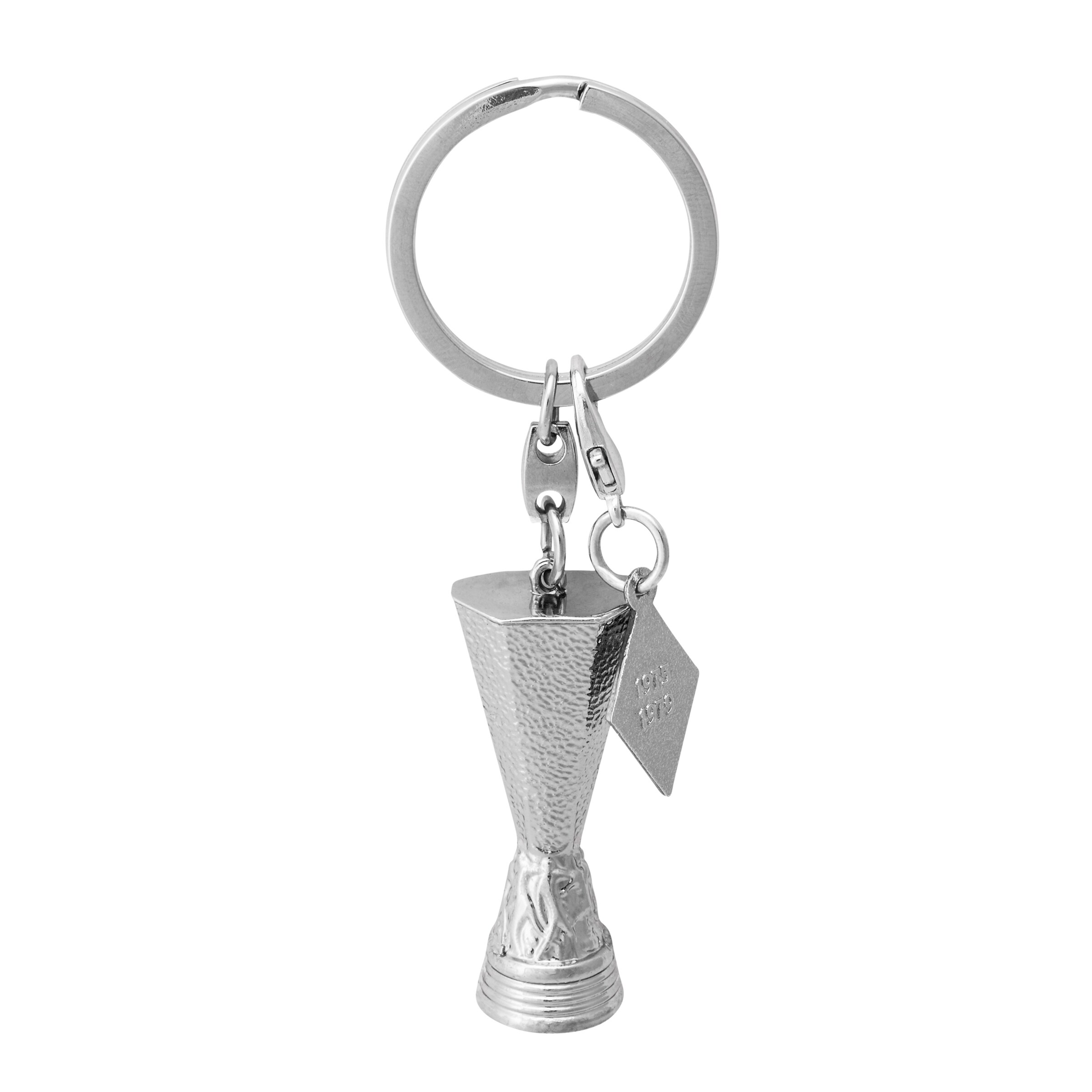 Keychain shaped like a silver trophy.
