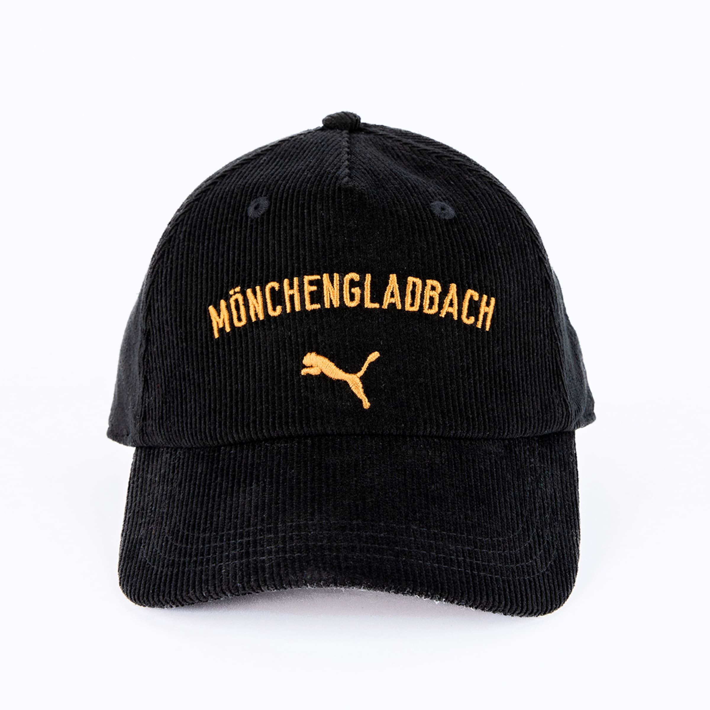 Schwarze Cord-Kappe mit goldener Bestickung „MÖNCHENGLADBACH“ und Puma-Logo auf der Vorderseite.