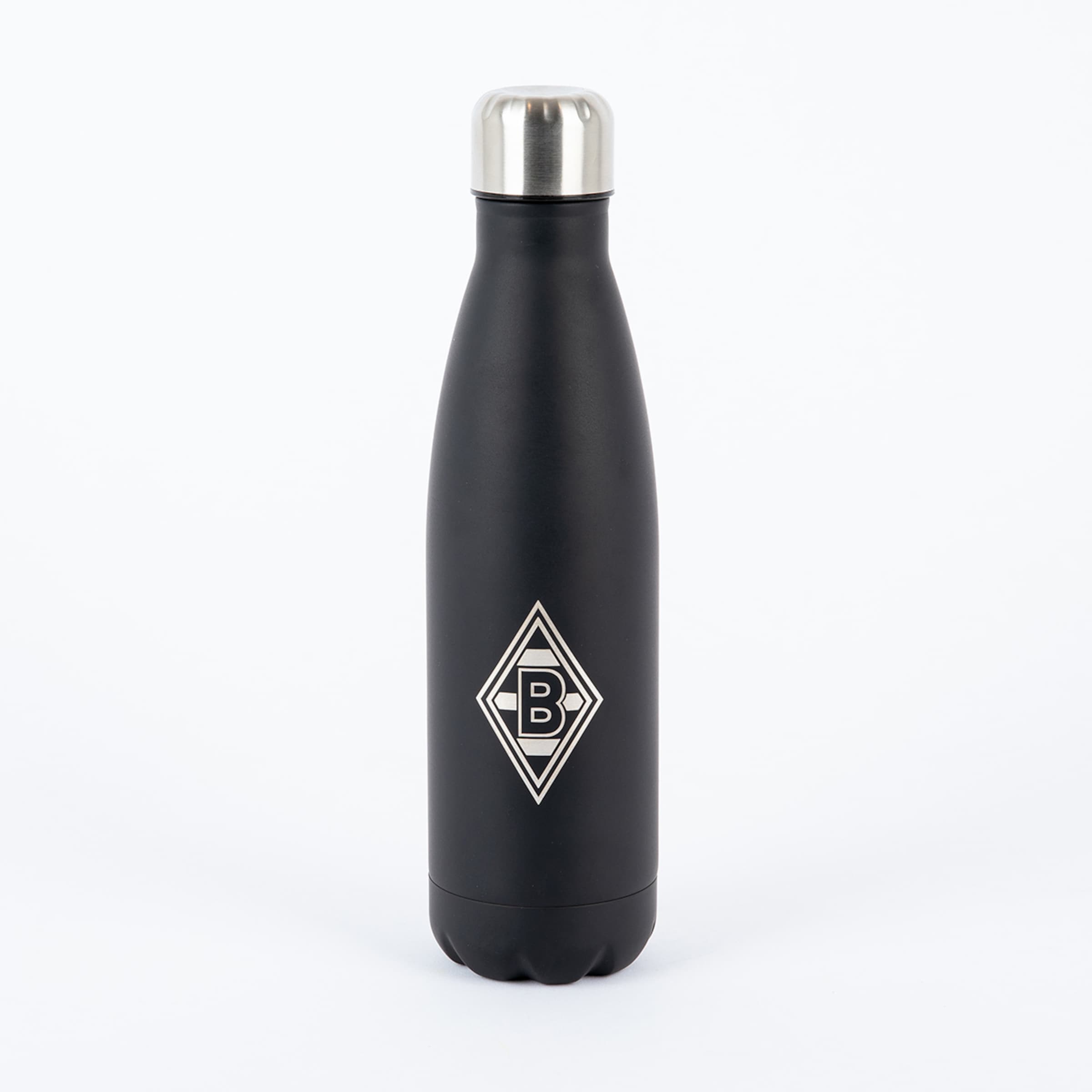 Black water bottle with a silver lid and Borussia Mönchengladbach logo.