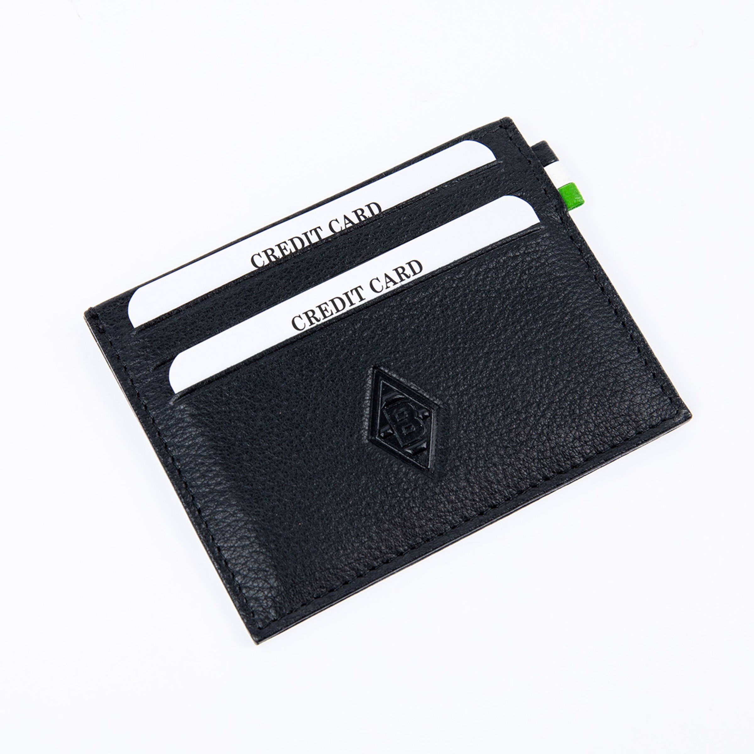 Schwarze Leder-Kartenhalter mit zwei Kreditkartenfächern und eingestanztem Borussia Mönchengladbach-Logo.