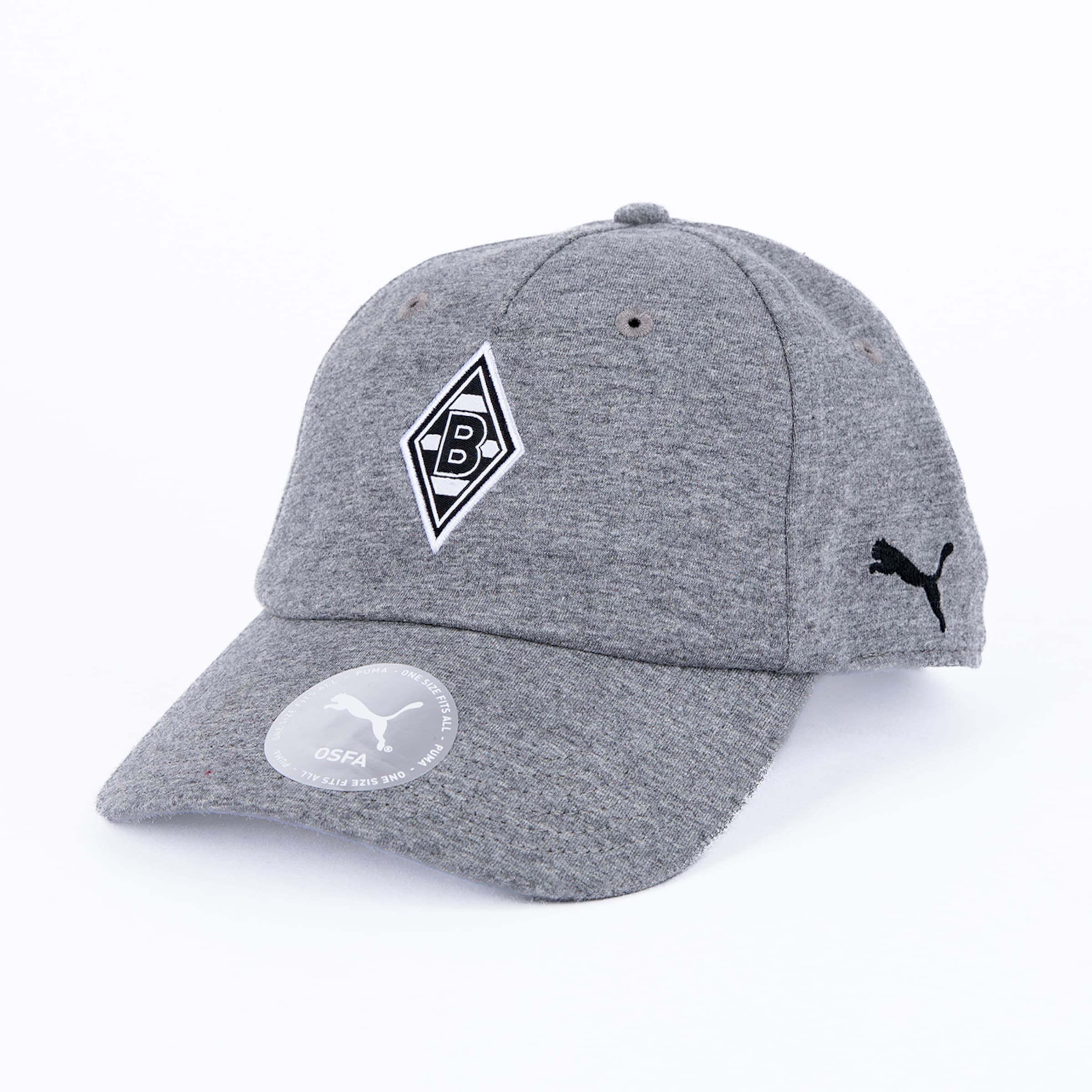 Eine melierte graue Baseballkappe mit dem schwarzen Rautenlogo von Borussia Mönchengladbach auf der Vorderseite und einem schwarzen Puma-Logo an der Seite. Ein PUMA OSFA-Aufkleber ist auf dem Schirm.