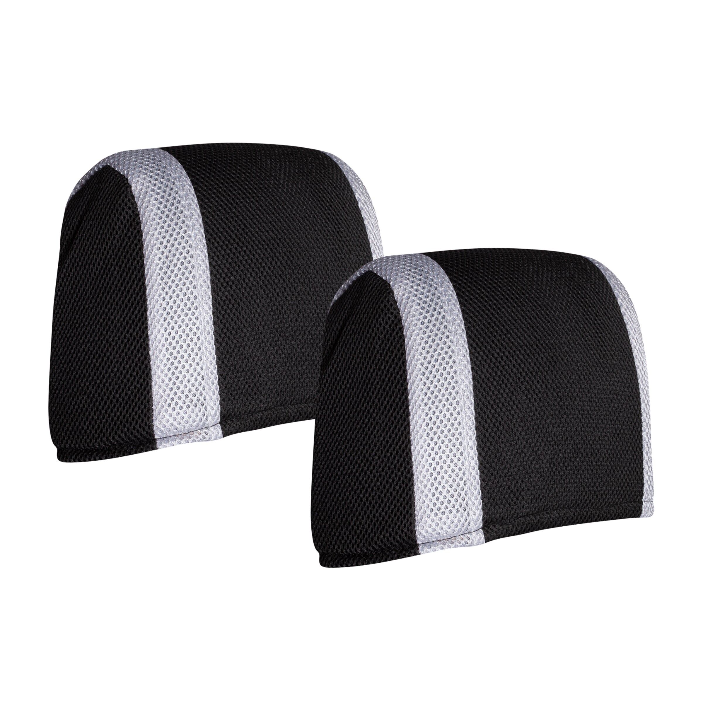 Zwei schwarze Kopfstützen mit silbernen Streifen aus netzartigem Material.