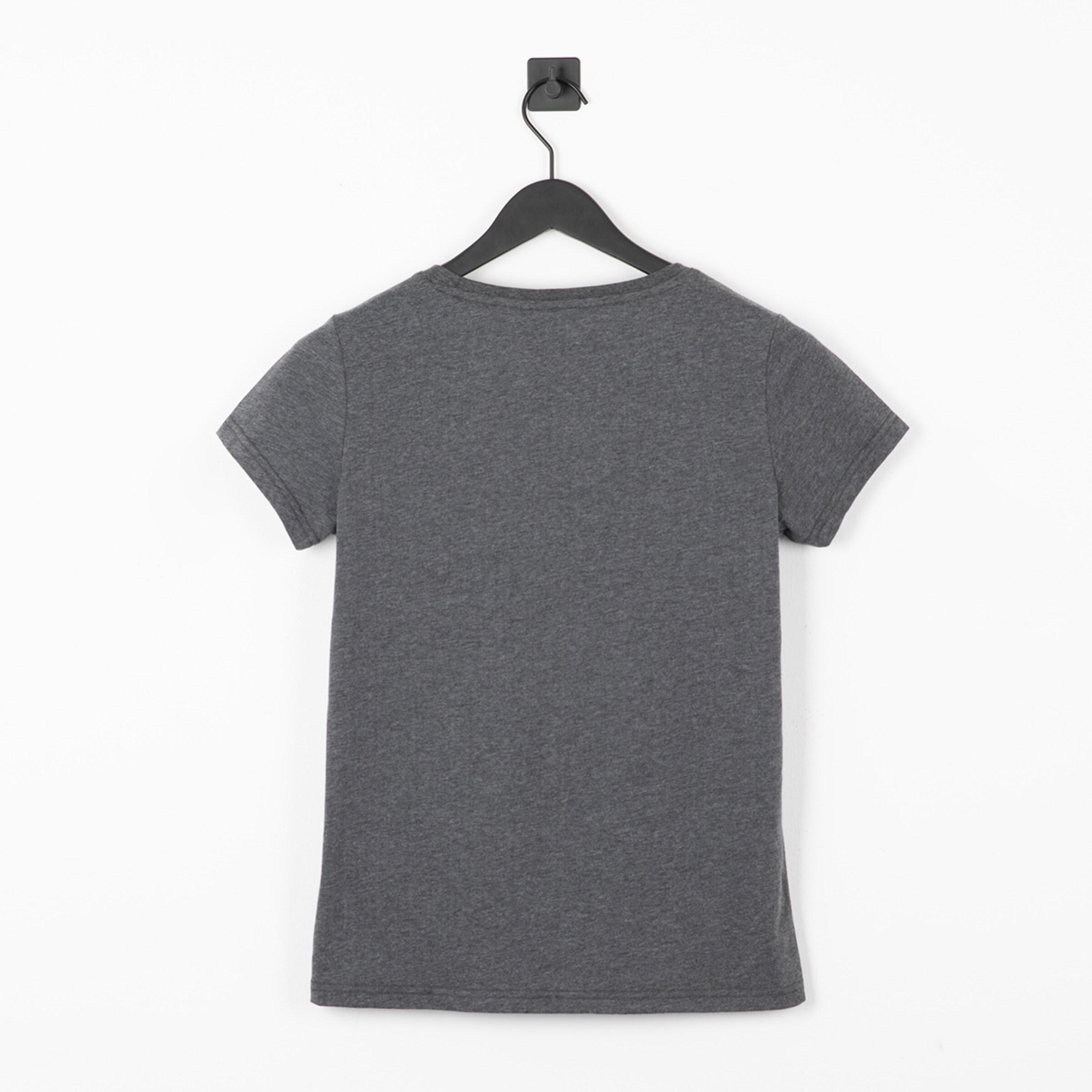 Gray t-shirt without print hung on a hanger back view.