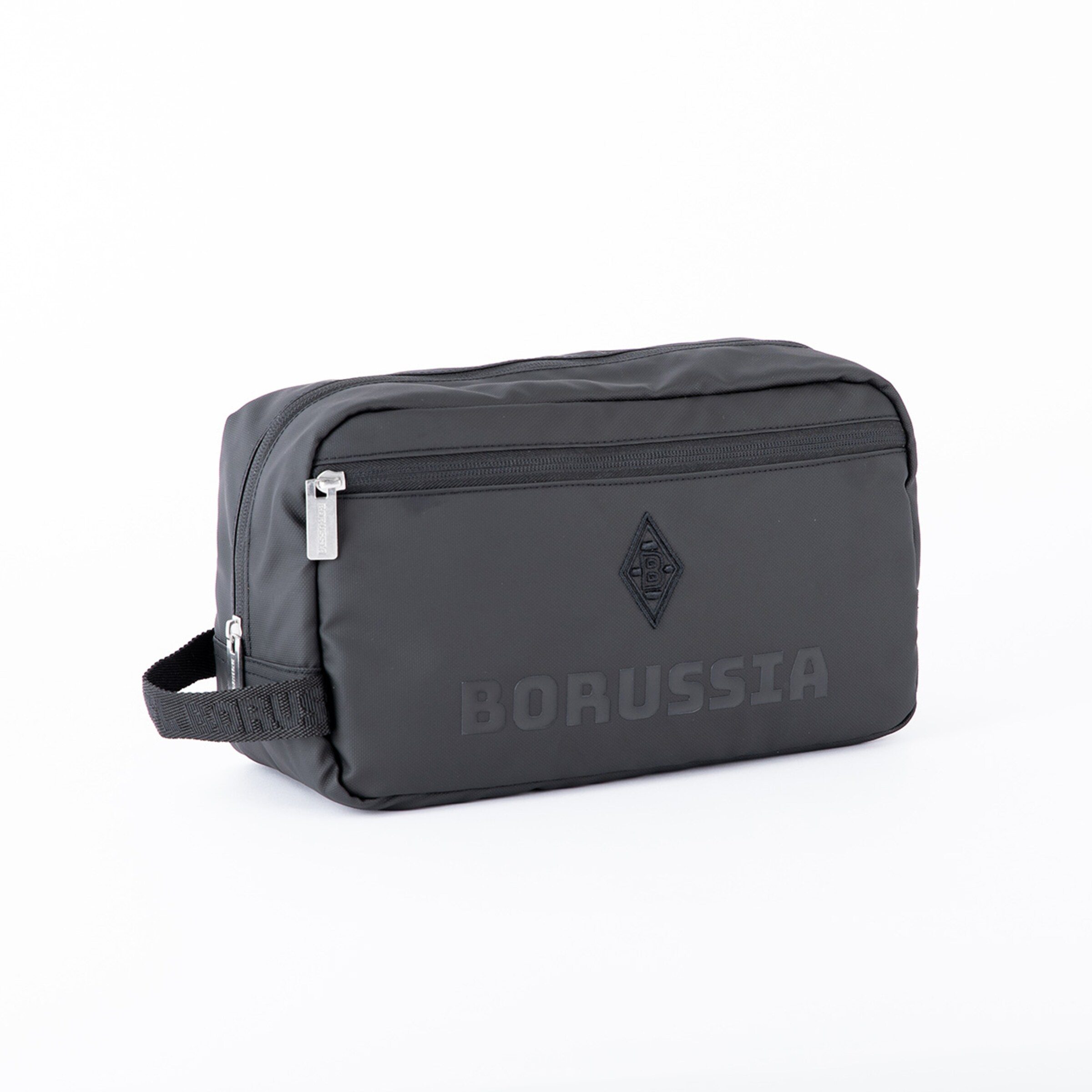 Schwarze Kosmetiktasche mit BORUSSIA Aufschrift.