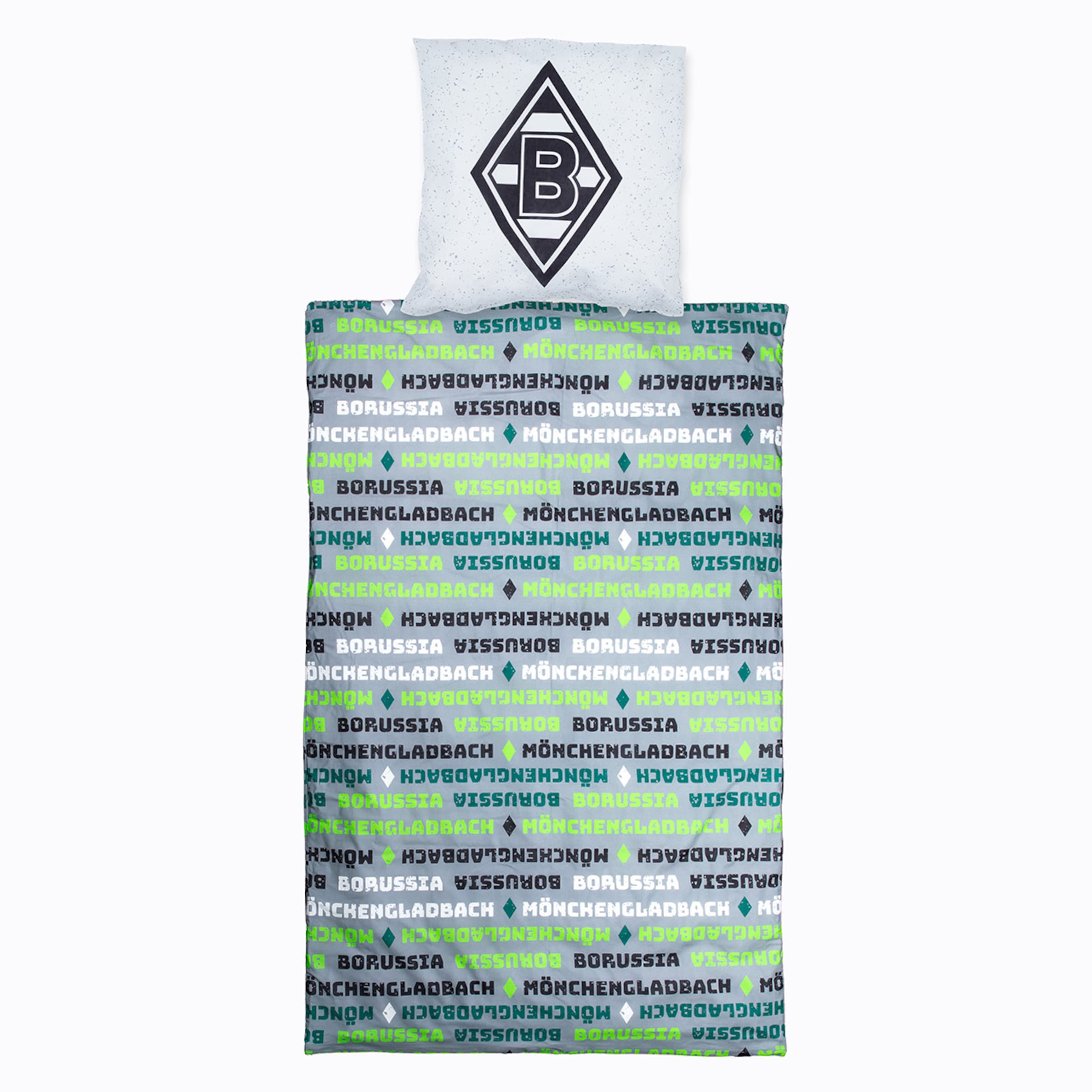 Bettwäsche mit Borussia Mönchengladbach-Logo und Muster aus Vereinsnamen.