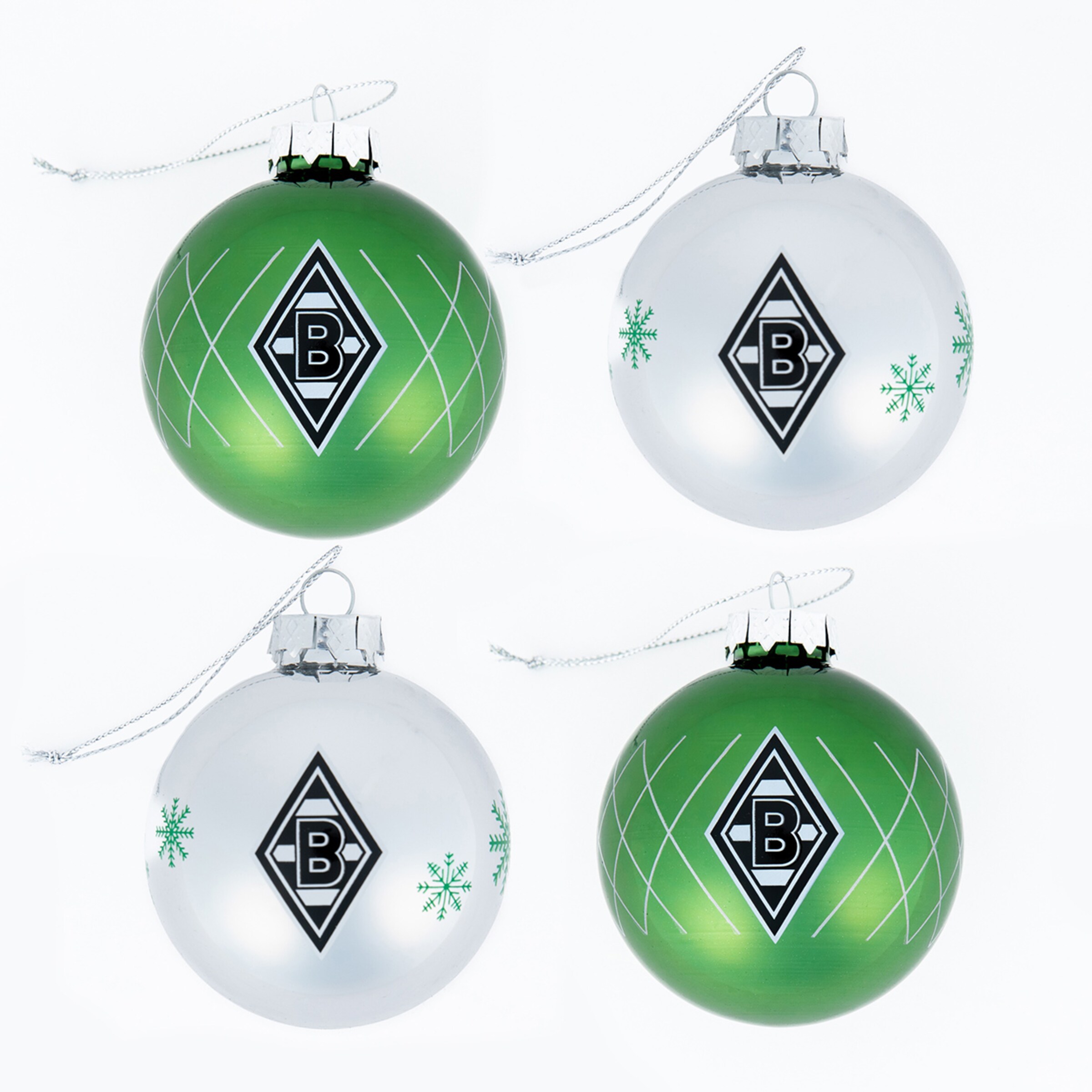 Vier Weihnachtskugeln in Grün und Silber mit Borussia Mönchengladbach-Logo.