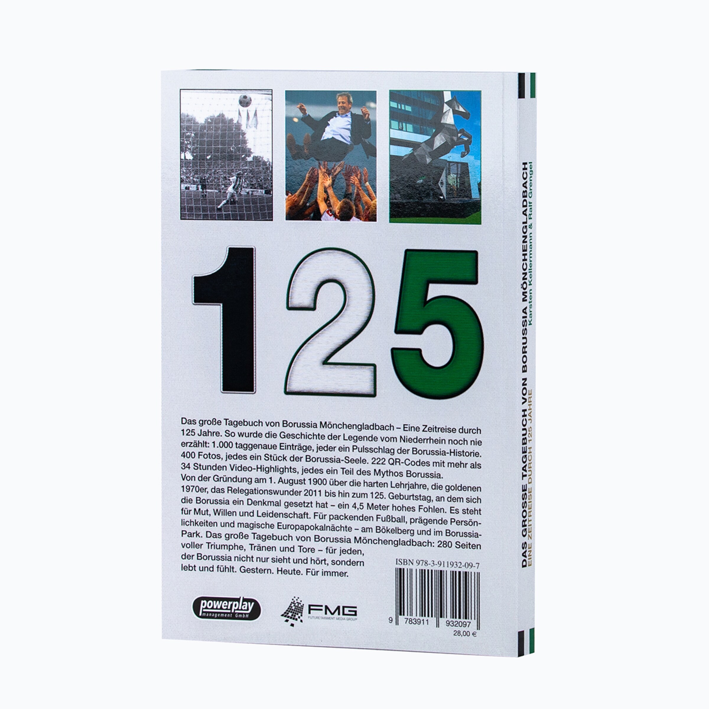 Buchrückseite „125 - Das große Tagebuch von Borussia Mönchengladbach“ mit Jubiläumszahl, Fotos und Infotext.