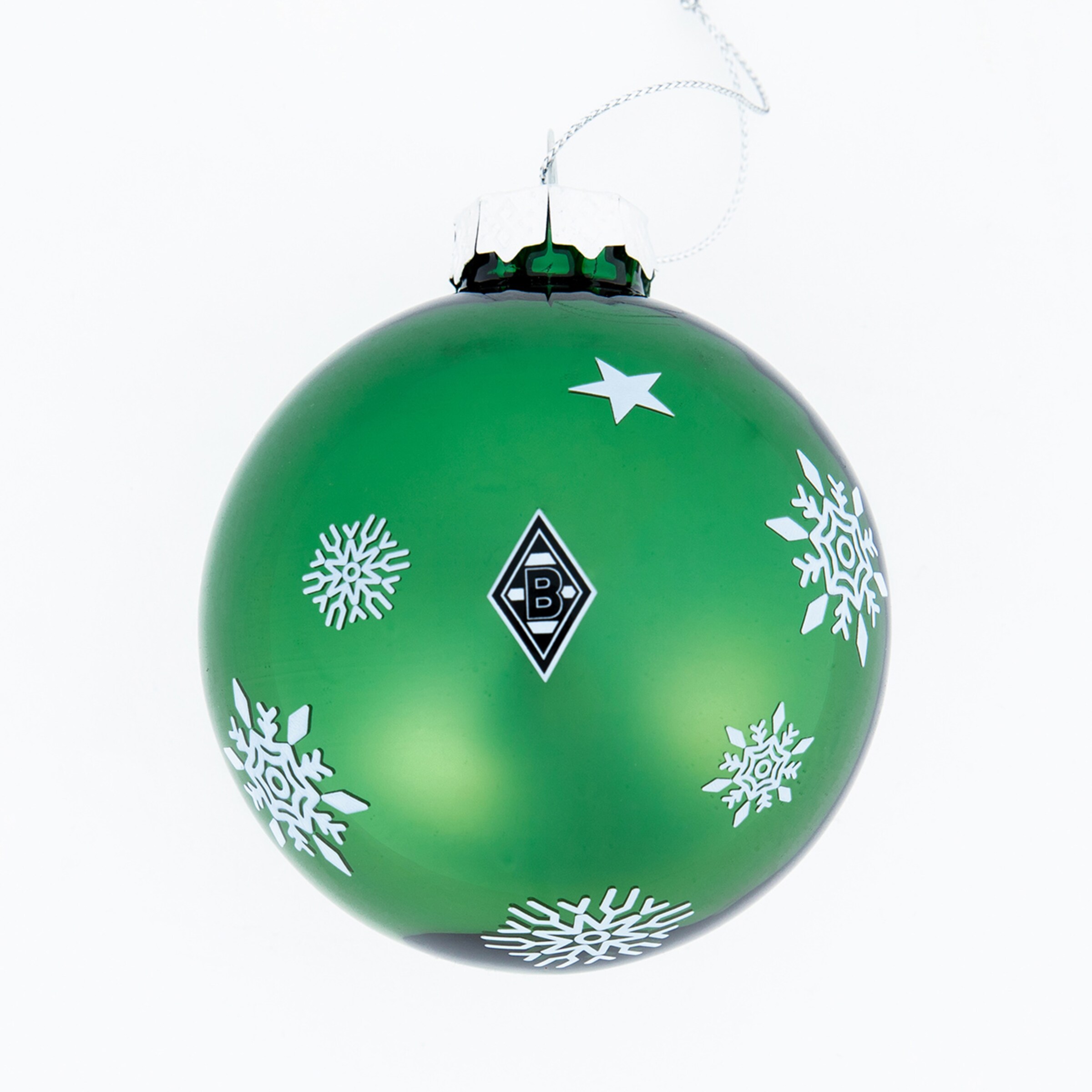 Green Christmas bauble featuring Borussia Mönchengladbach logo and white snowflakes.