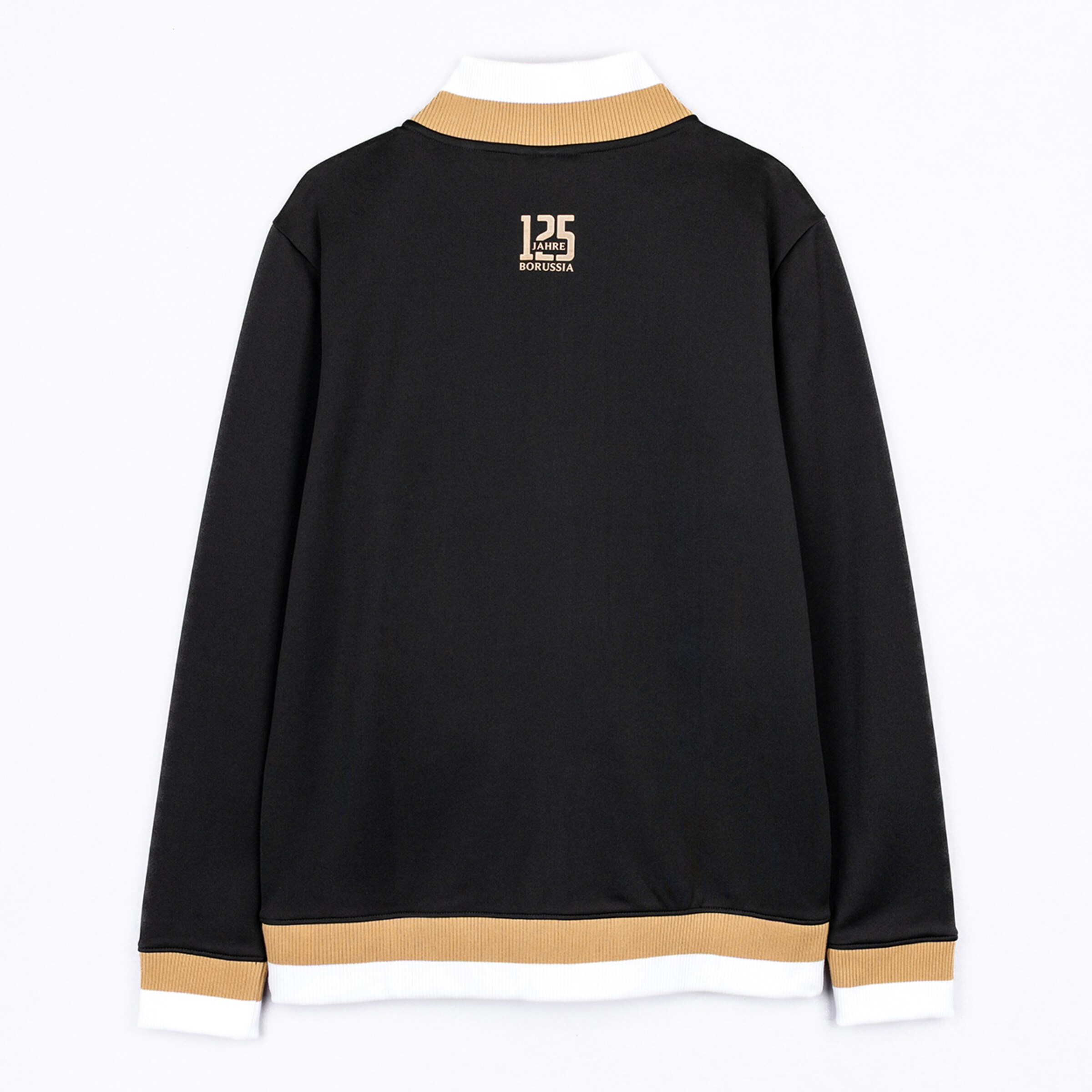 Rückansicht einer schwarzen Jacke mit weiß-gold gestreiften Bündchen und „125 JAHRE BORUSSIA“-Logo im Nacken.