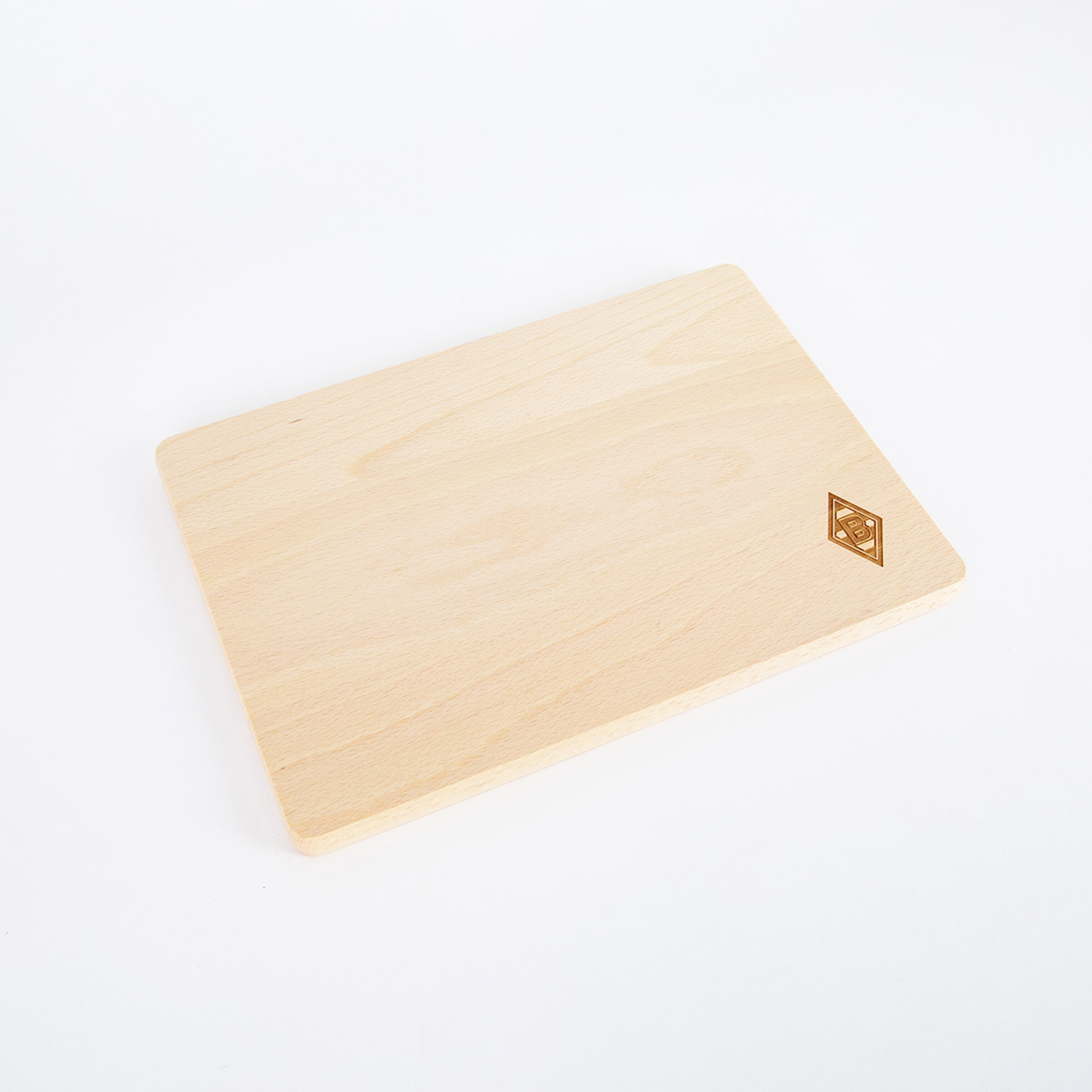 Rectangular wooden cutting board without handles featuring a logo in the corner.