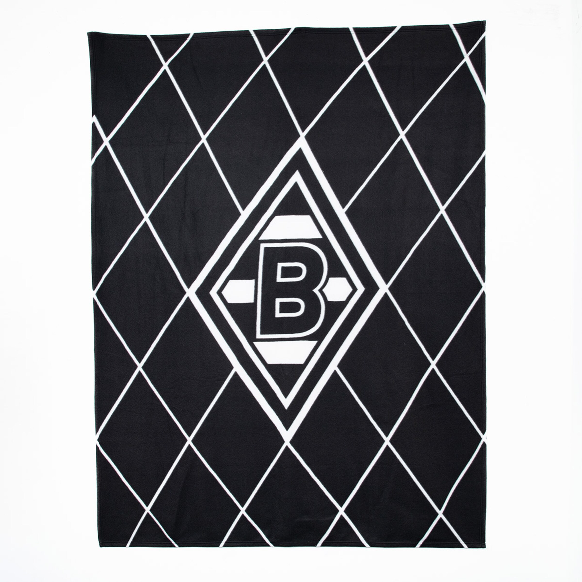 Schwarze Decke mit einem weißen Rautenmuster und dem Borussia Mönchengladbach-Logo.