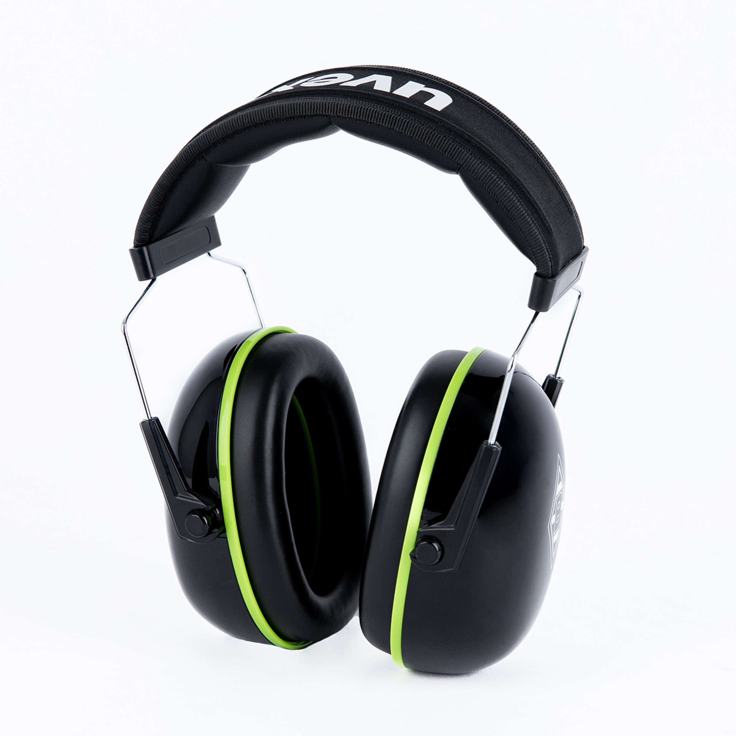 Schwarze Ohrenschützer mit grünen Akzenten und verstellbarem Kopfband.