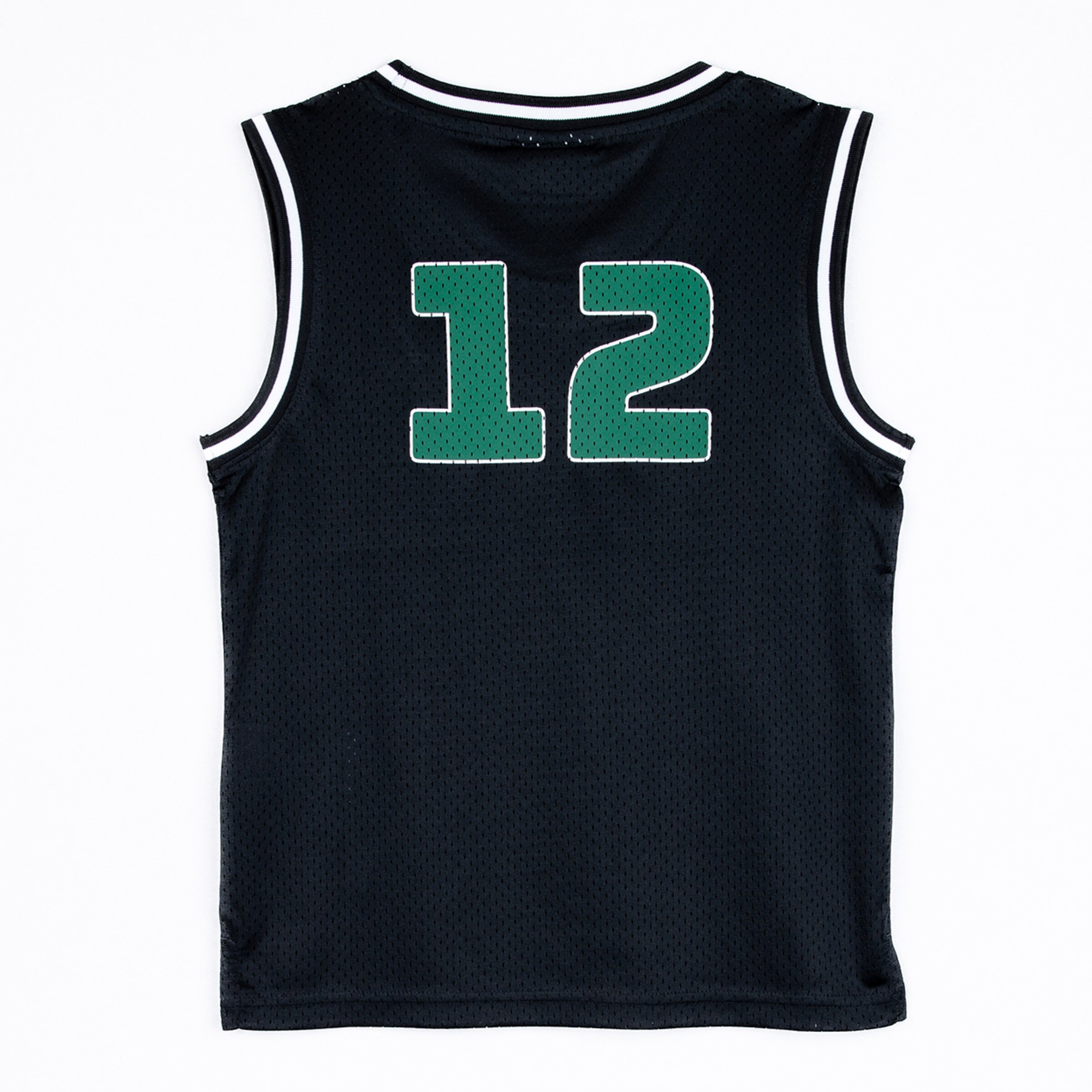 Black sleeveless jersey with the number 12 in green on the back.