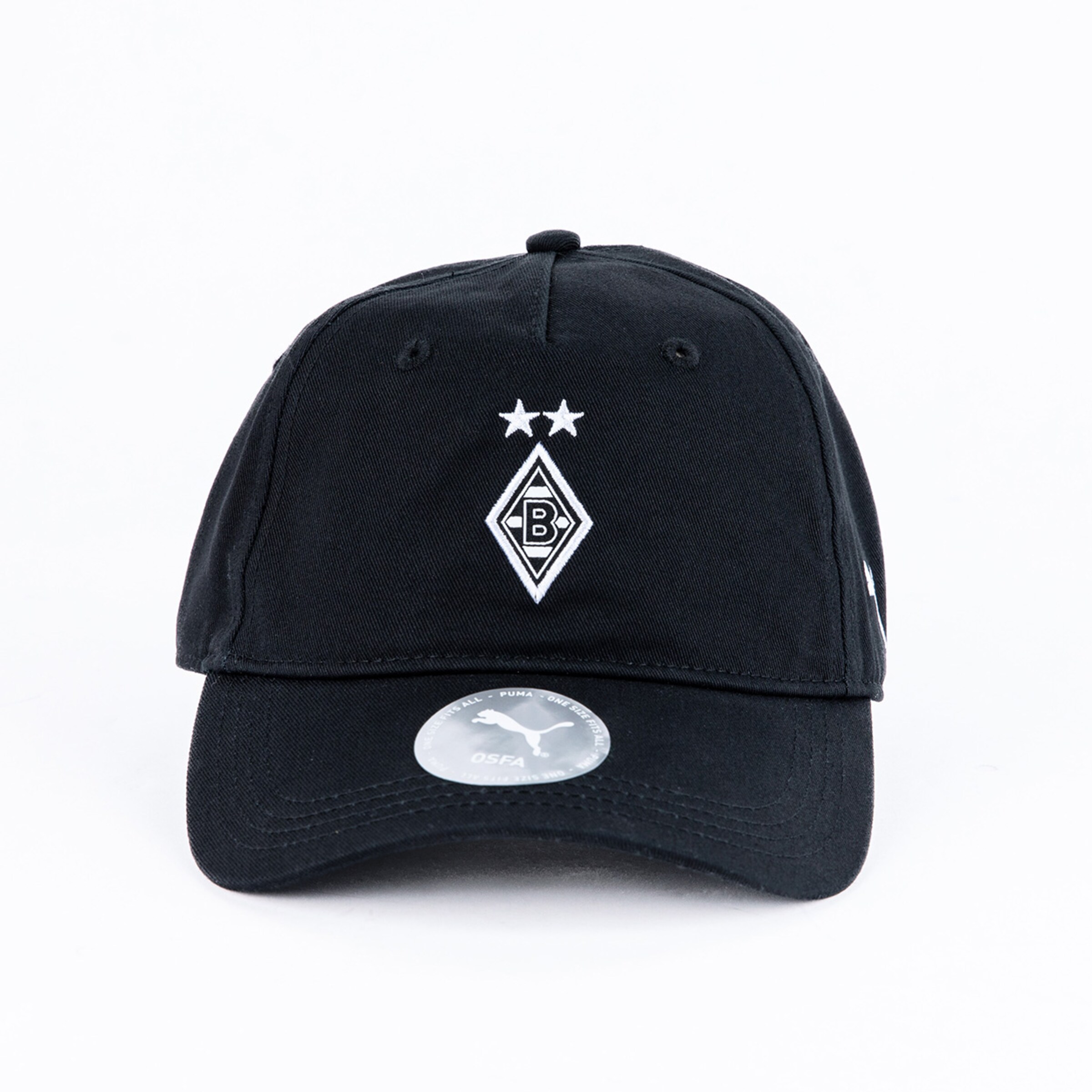 Schwarze Baseballcap mit Borussia Mönchengladbach-Logo und zwei Sternen.