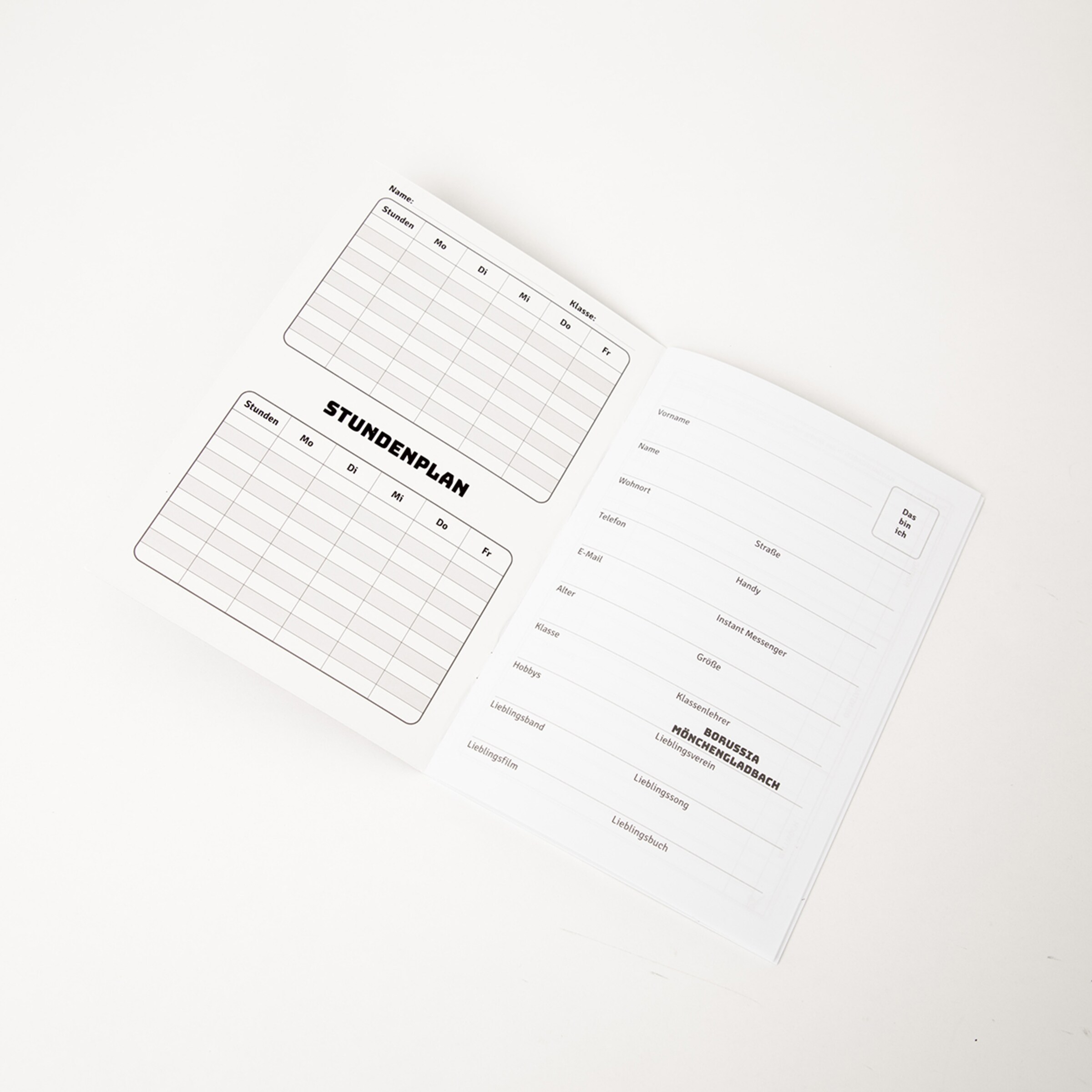 Offener Stundenplan mit Platz für Fächer Lehrer und Noten sowie dem Titel Borussia Mönchengladbach und der Überschrift STUNDENPLAN.