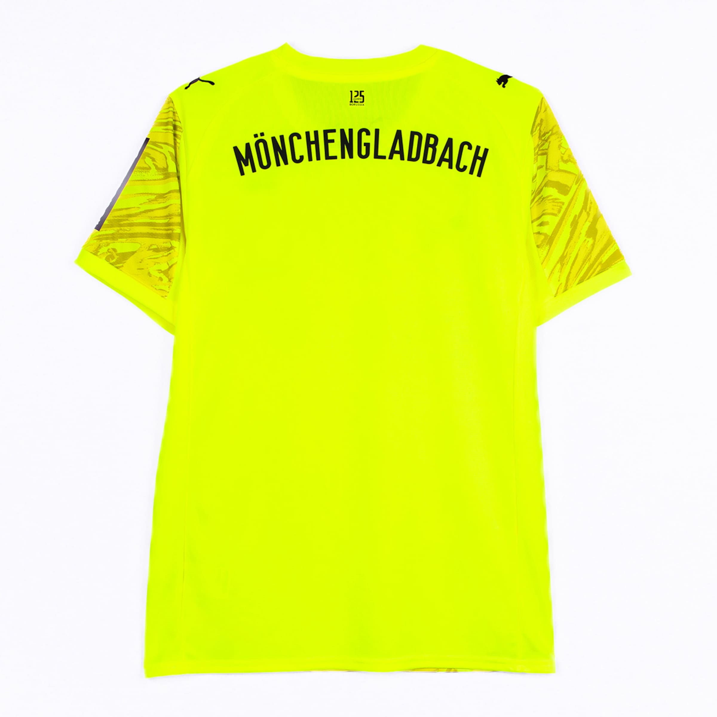 Back view of a bright yellow Borussia Mönchengladbach jersey with the text MÖNCHENGLADBACH.