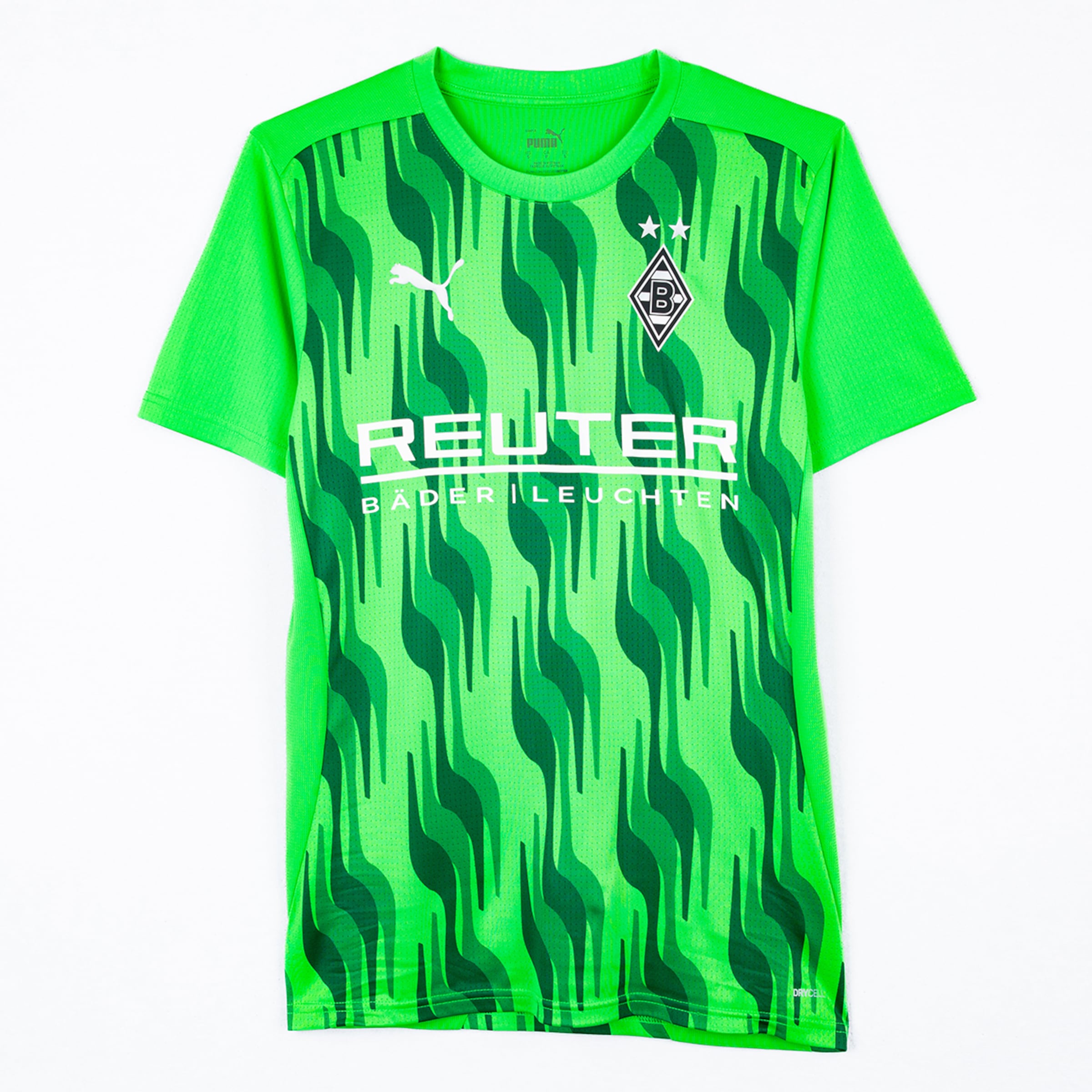Grünes Puma Borussia Mönchengladbach Trikot mit welligem Muster, weißem Reuter-Logo und Vereinswappen.