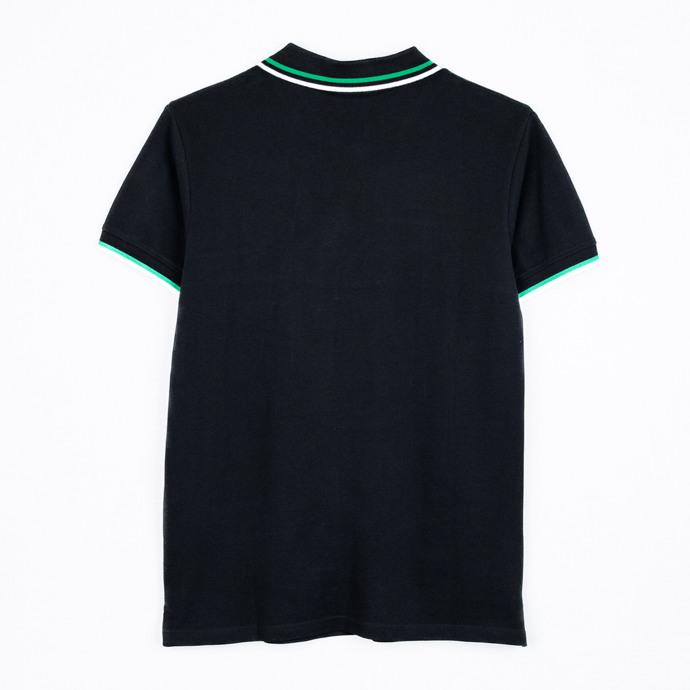 Black short-sleeve shirt with a green collar trim.