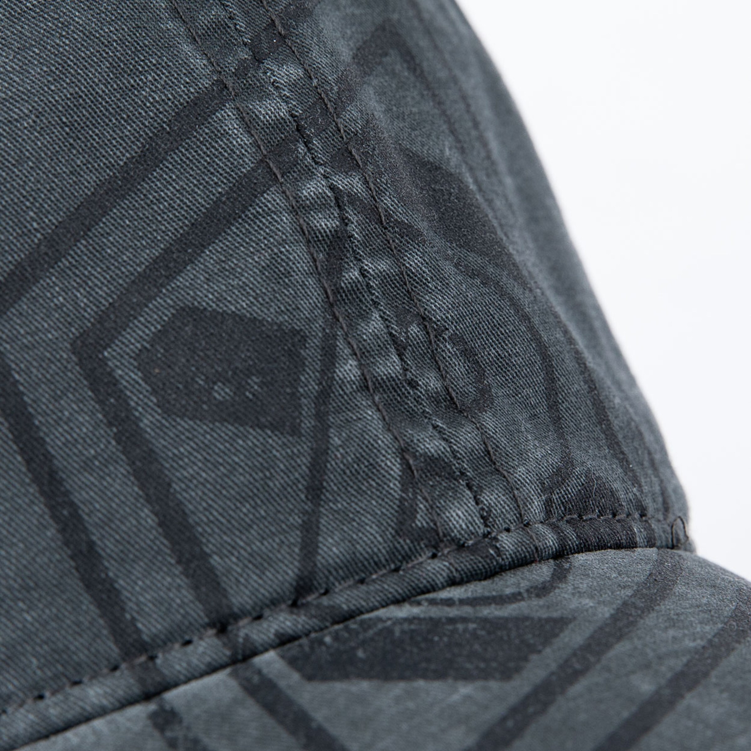 Close-up of a gray cap featuring a geometric pattern.
