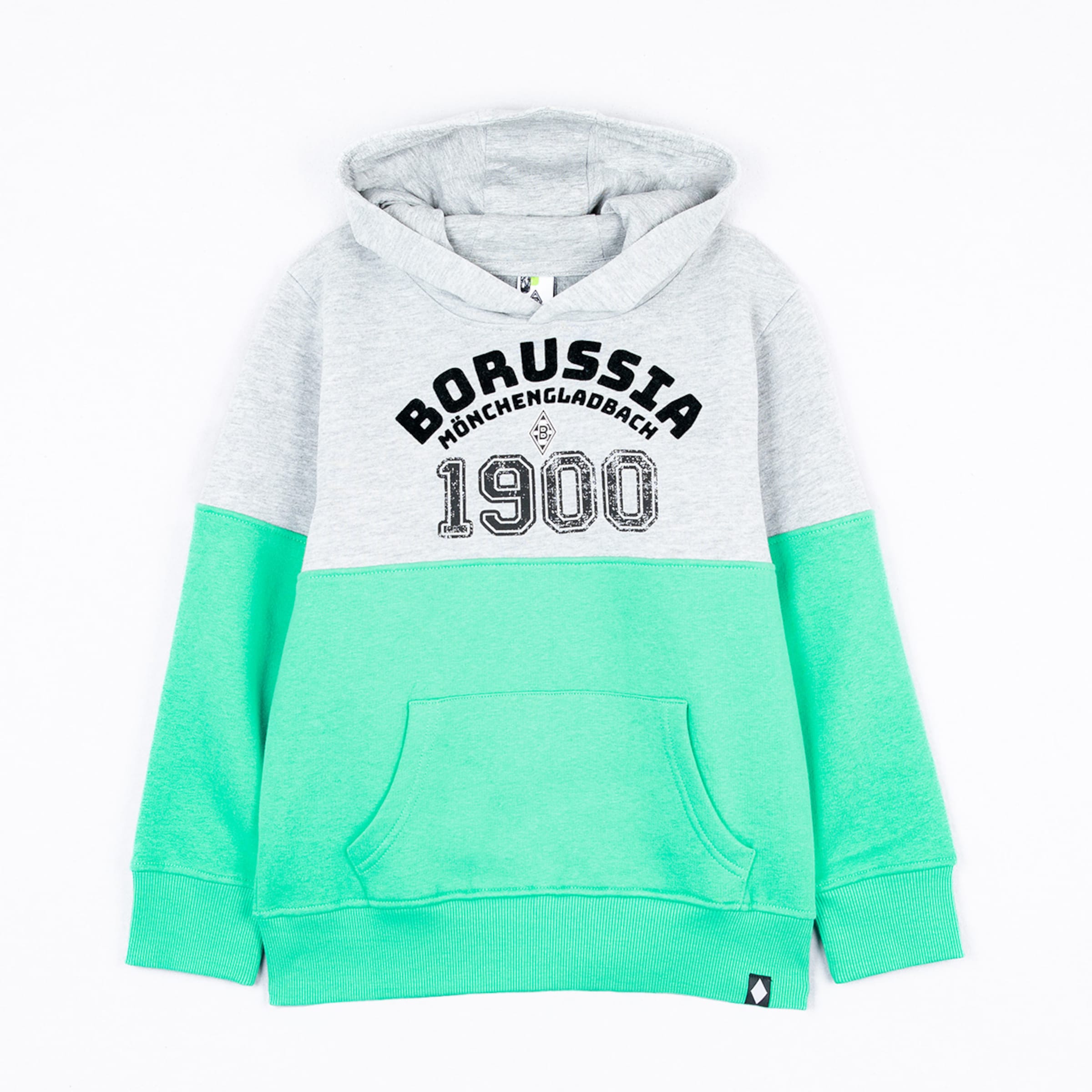Grau-mintgrüner Borussia Mönchengladbach Hoodie mit "BORUSSIA 1900" Print, Kängurutasche und Rippbündchen.