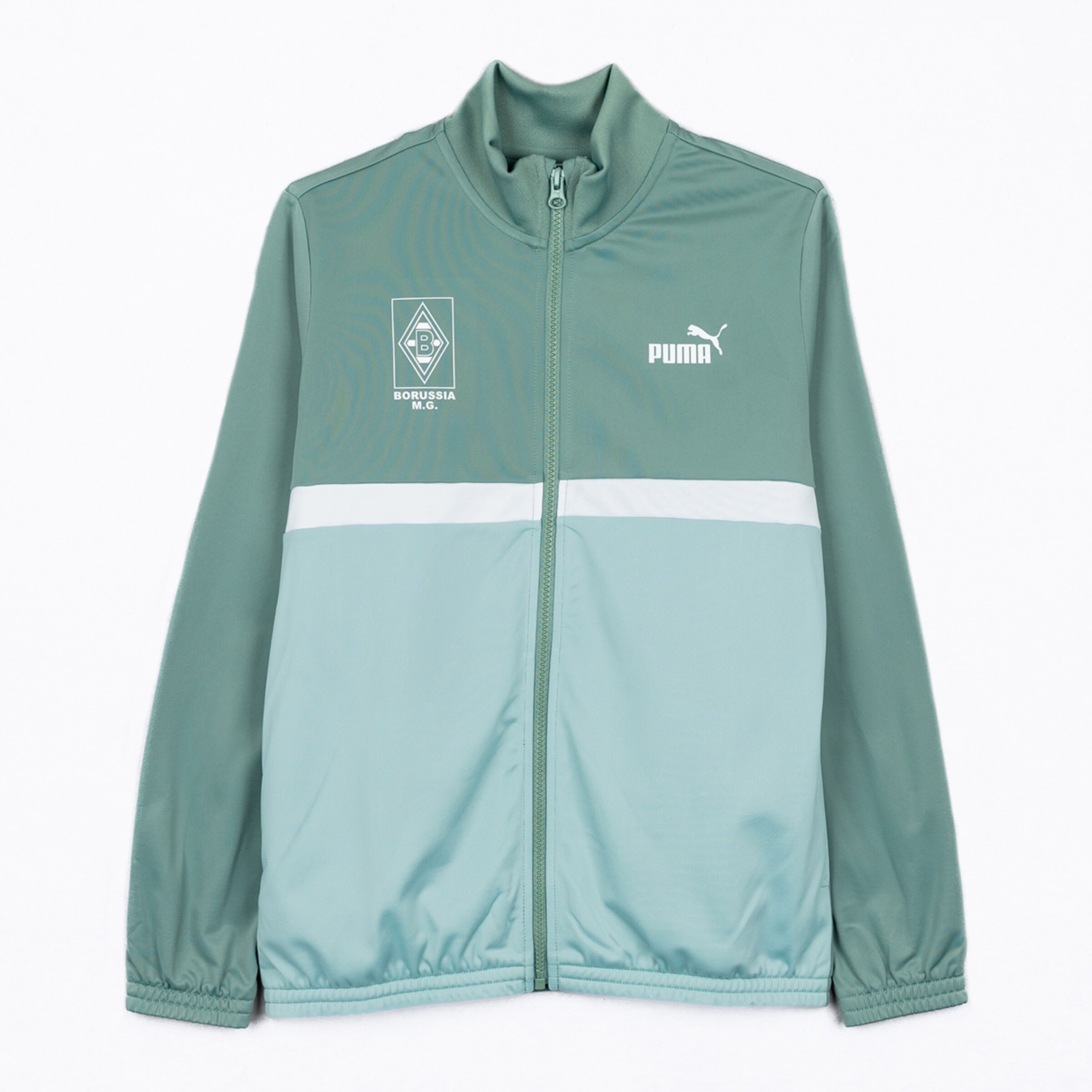 Trainingsjacke von Borussia Mönchengladbach grün mit Puma-Logo und Vereinswappen.