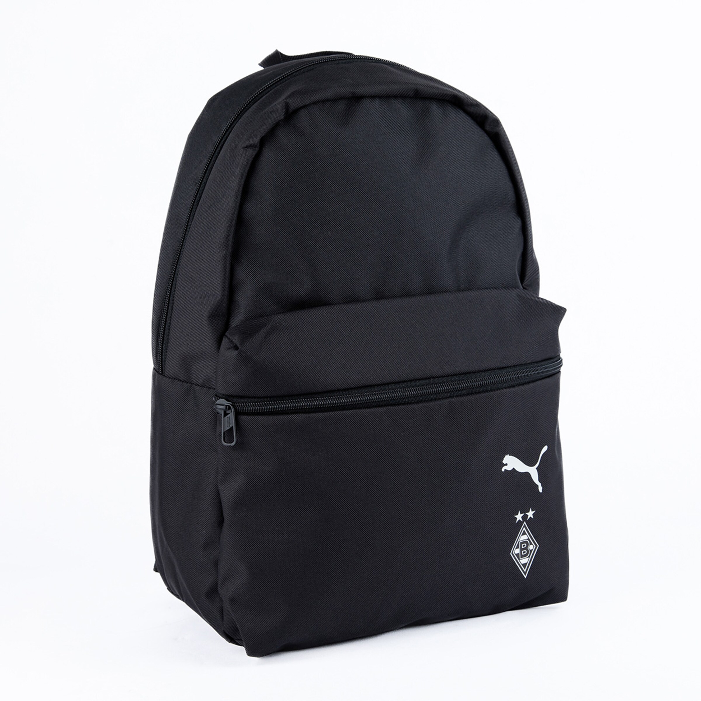 Schwarzer Rucksack von Puma mit Borussia Mönchengladbach-Logo und einer vorderen Reißverschlusstasche.