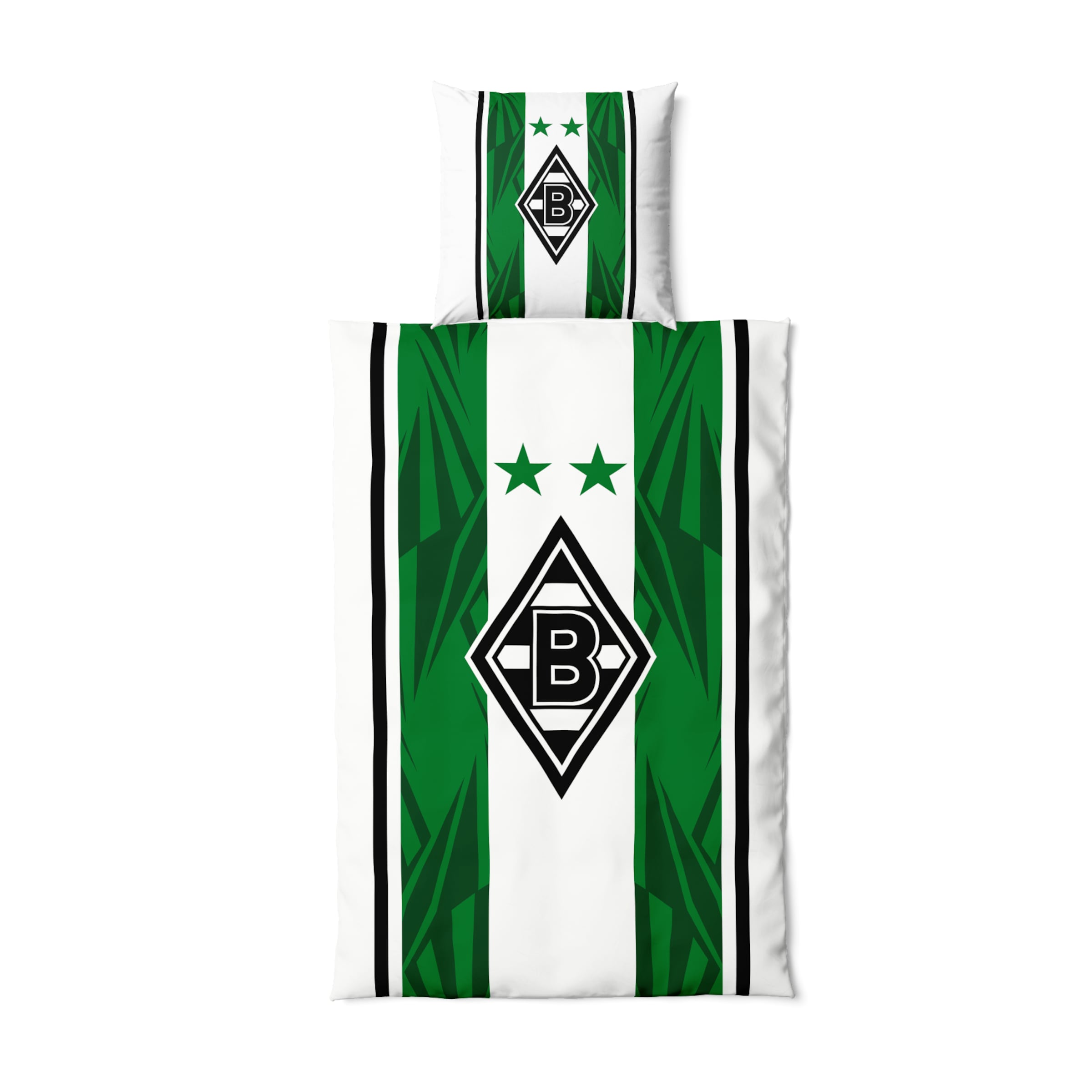 Bettwäsche-Set mit grünem und weißem Streifenmuster sowie dem Logo von Borussia Mönchengladbach.