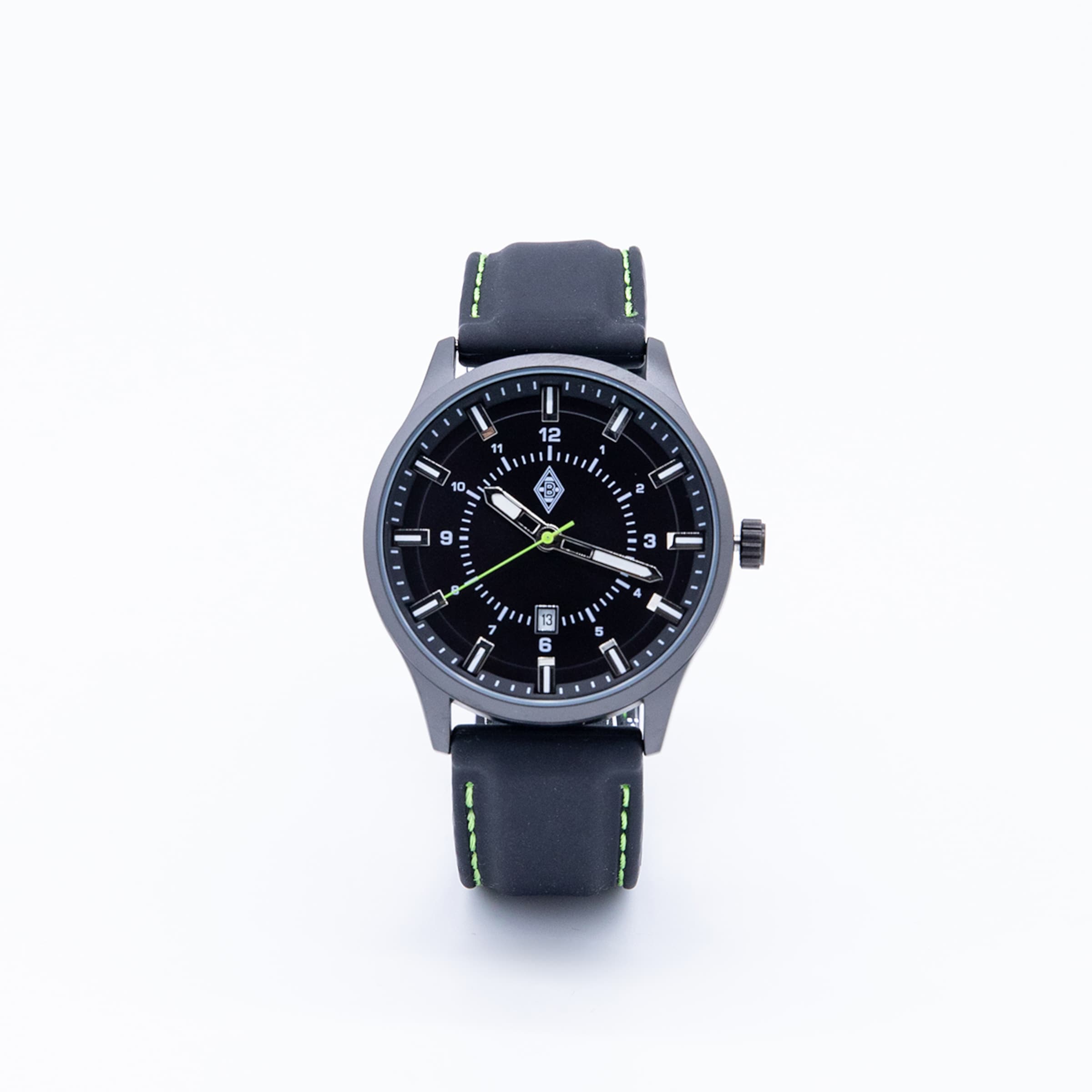 Schwarz-grüne Uhr mit Zifferblatt das die Uhrzeit anzeigt.