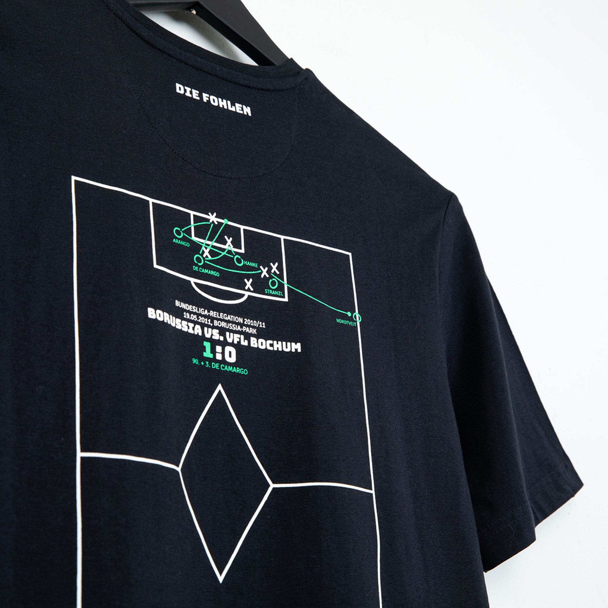 Black T-shirt featuring graphic and text about a match between Borussia Mönchengladbach and VfL Bochum.