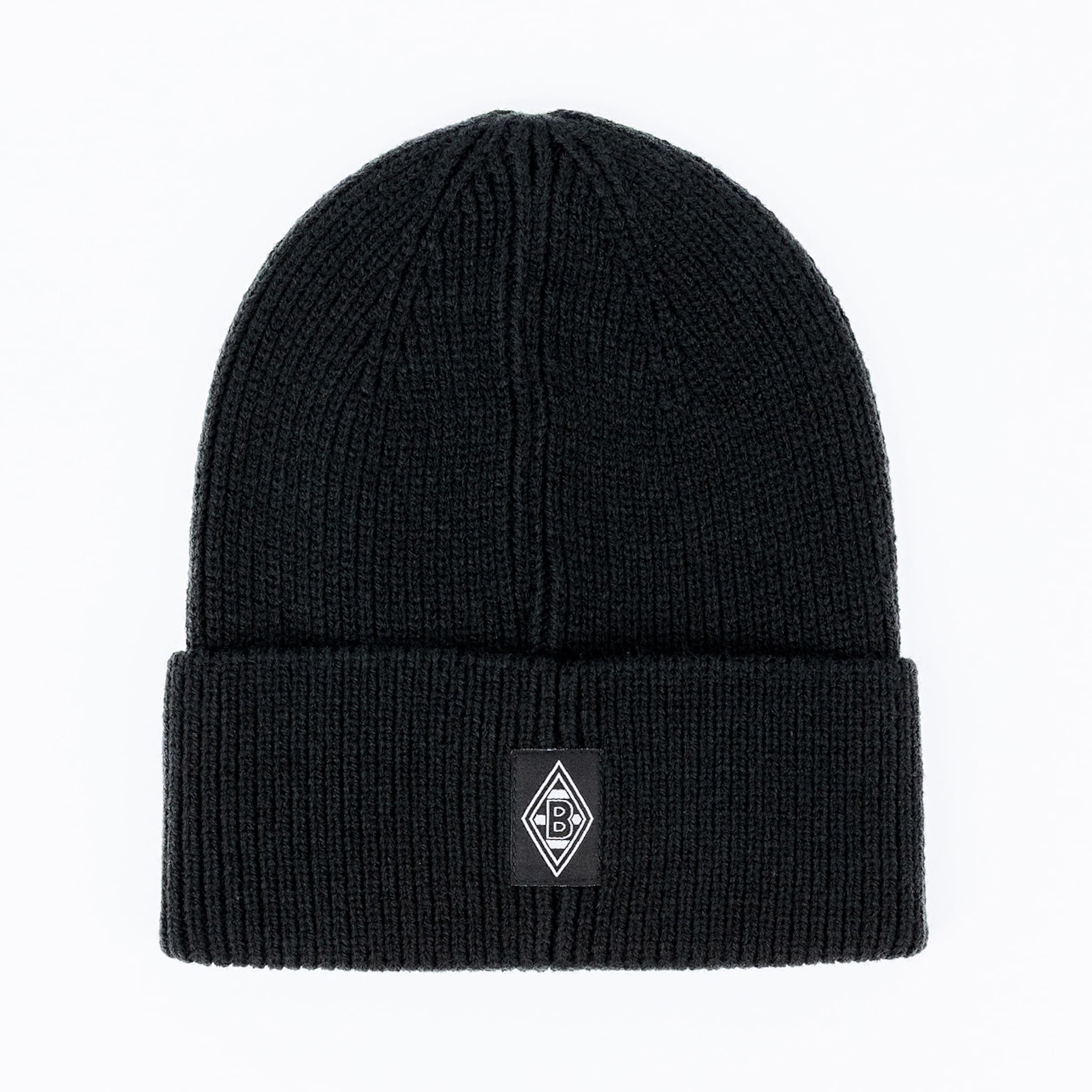 Black knitted beanie with a folded cuff and a diamond-shaped logo patch featuring a white "B" on a white background.