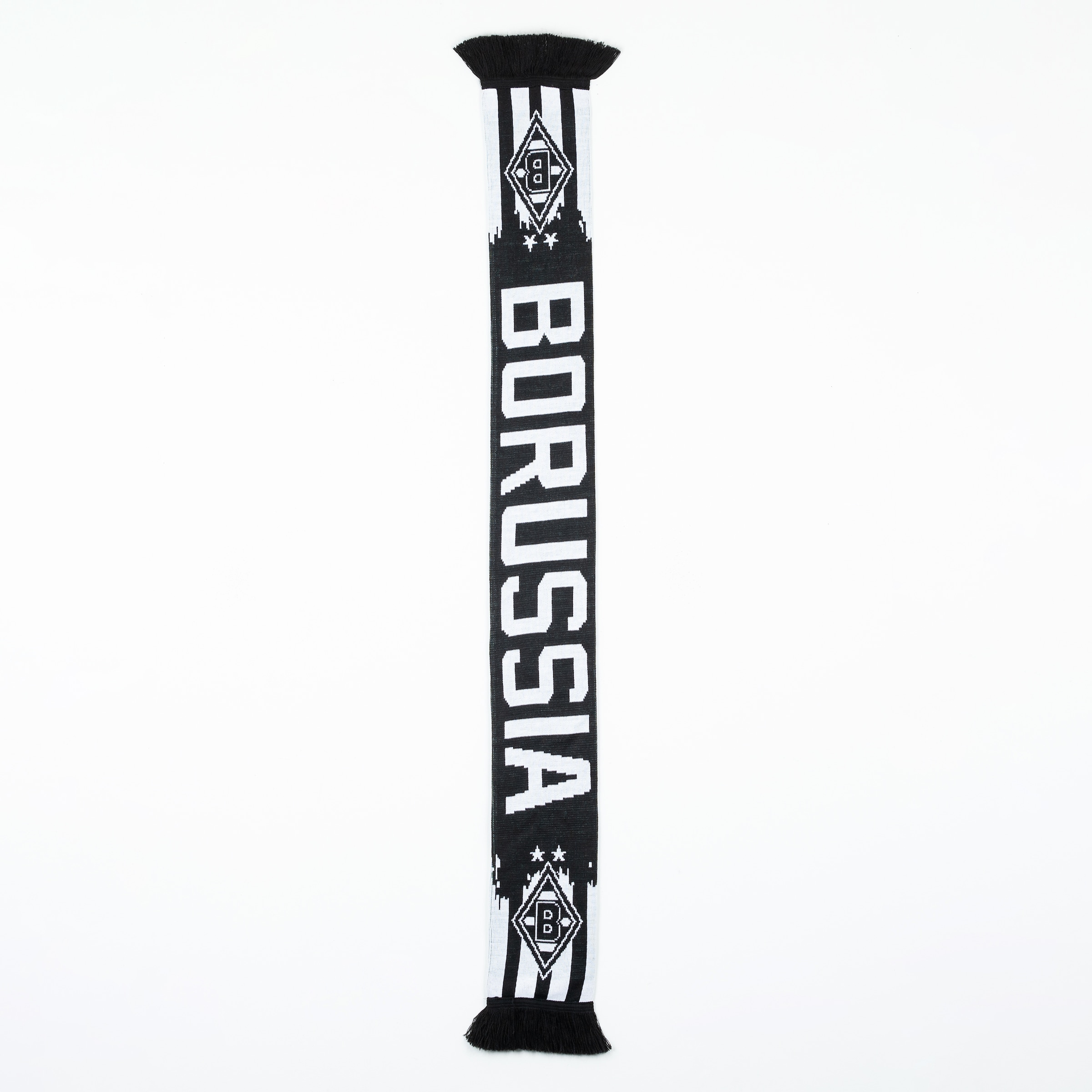 Black and white Borussia Mönchengladbach fan scarf with vertical "BORUSSIA" lettering, club logos, and fringes on a white background.
