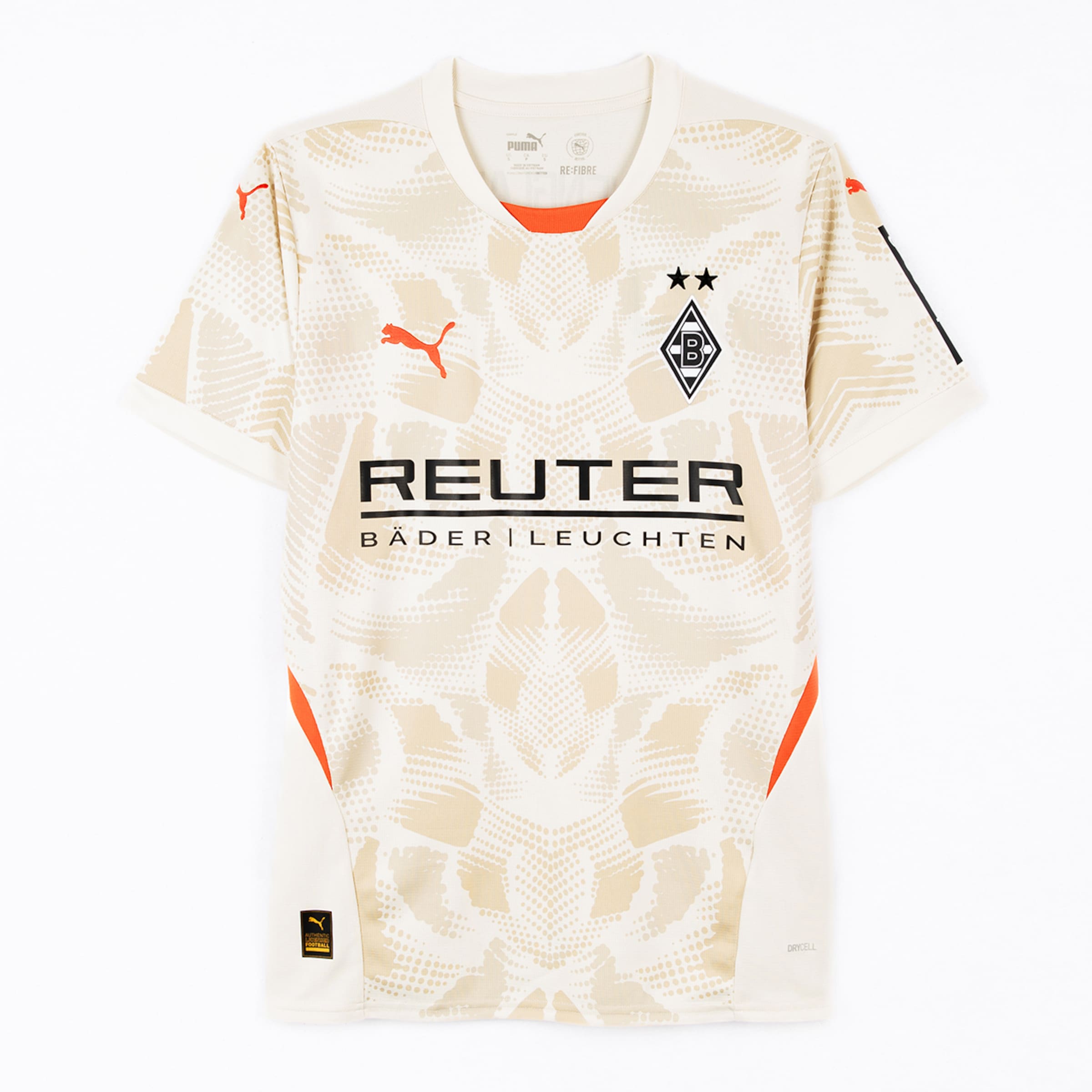 Beige Fußballtrikot von Borussia Mönchengladbach mit Muster und Sponsorenteam.