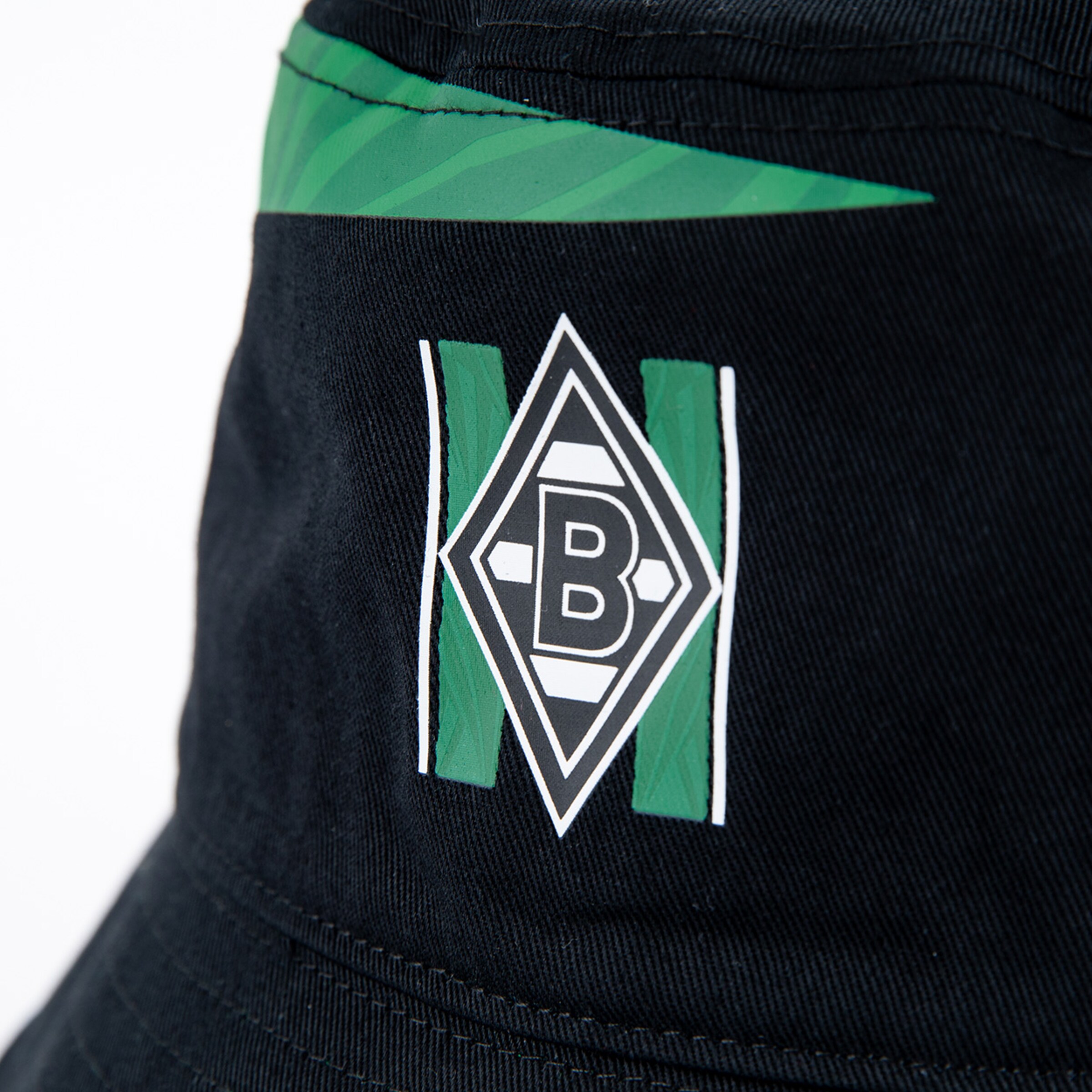 Schwarze Bucket-Hat mit Borussia Mönchengladbach-Logo.