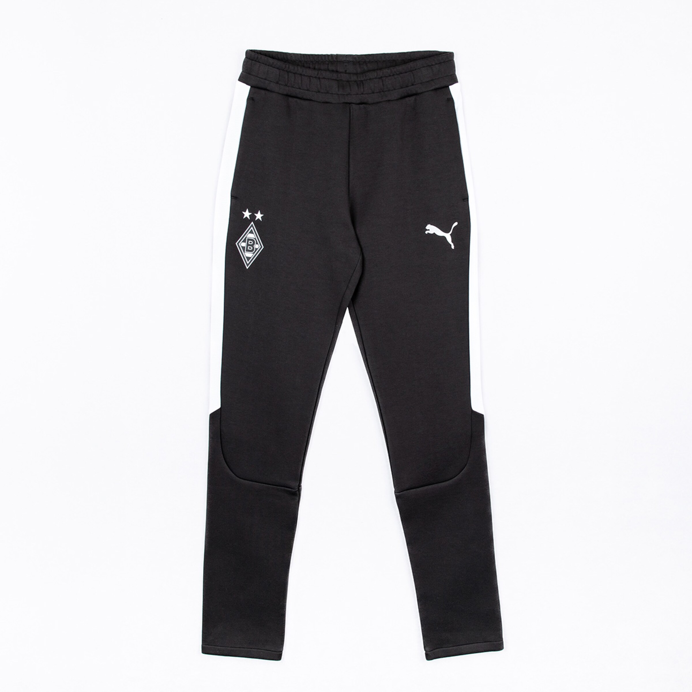 Schwarze Jogginghose mit weißen Seitenstreifen Borussia Mönchengladbach-Logo und Puma-Logo.