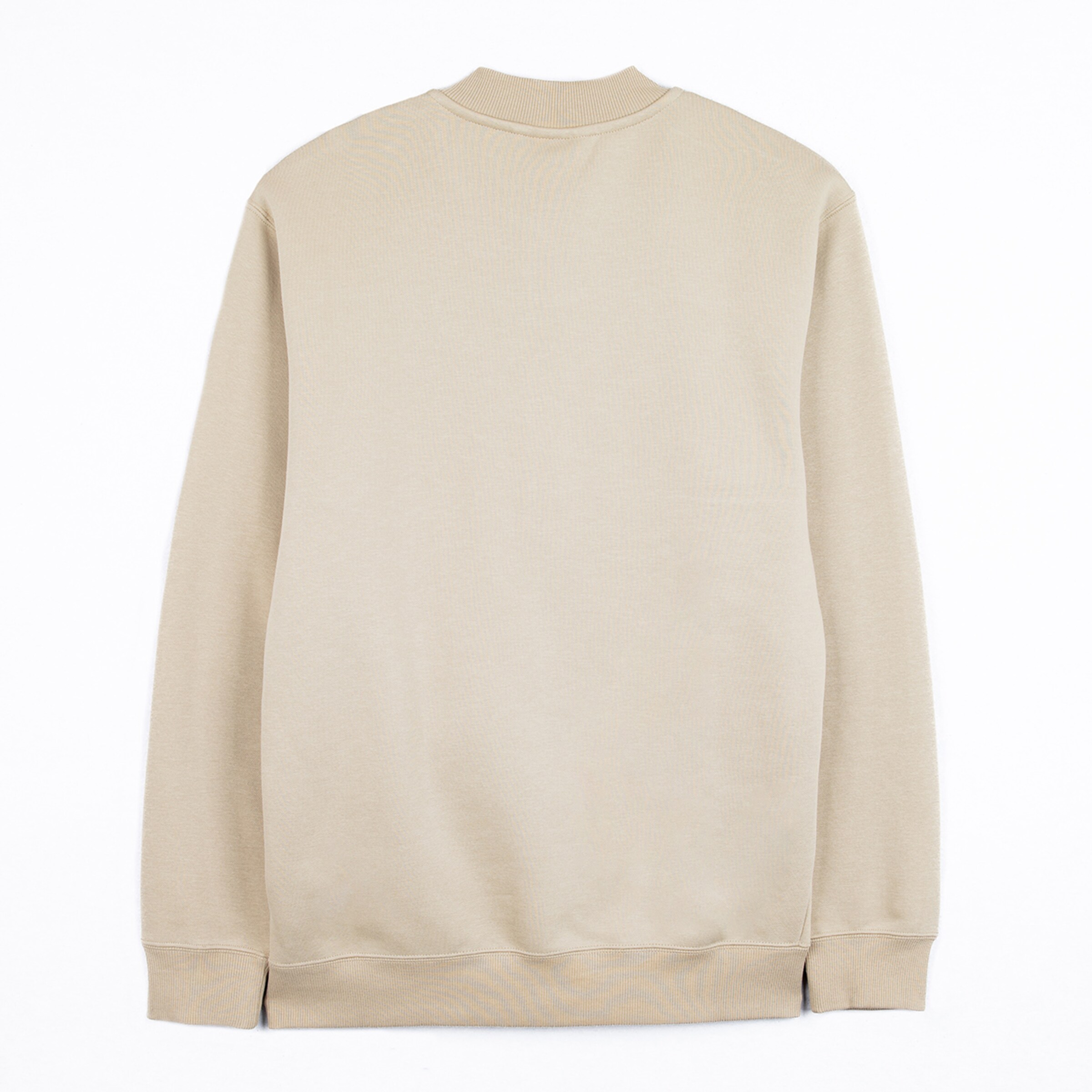 Rückansicht eines beigen Sweatshirts ohne Aufdruck.