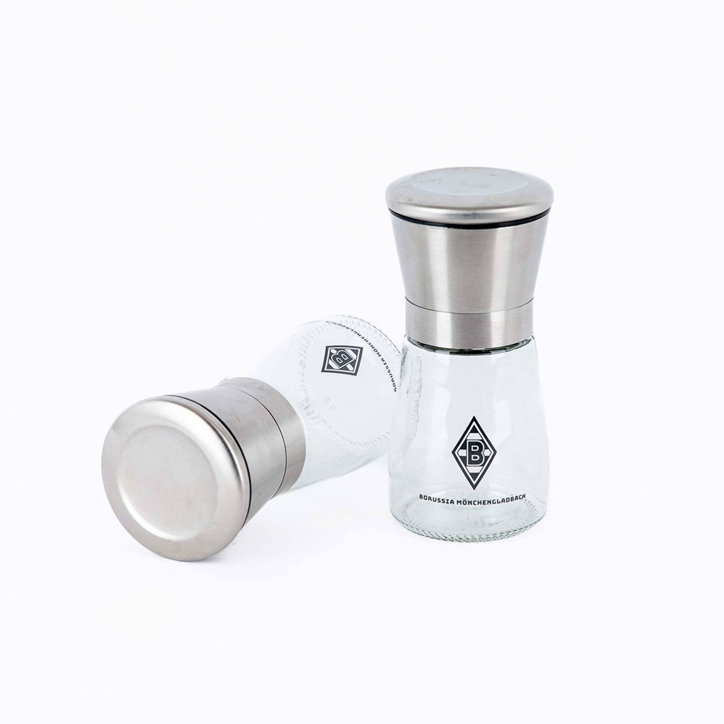 Salt and pepper shaker set made of glass and stainless steel featuring Borussia Mönchengladbach logo.