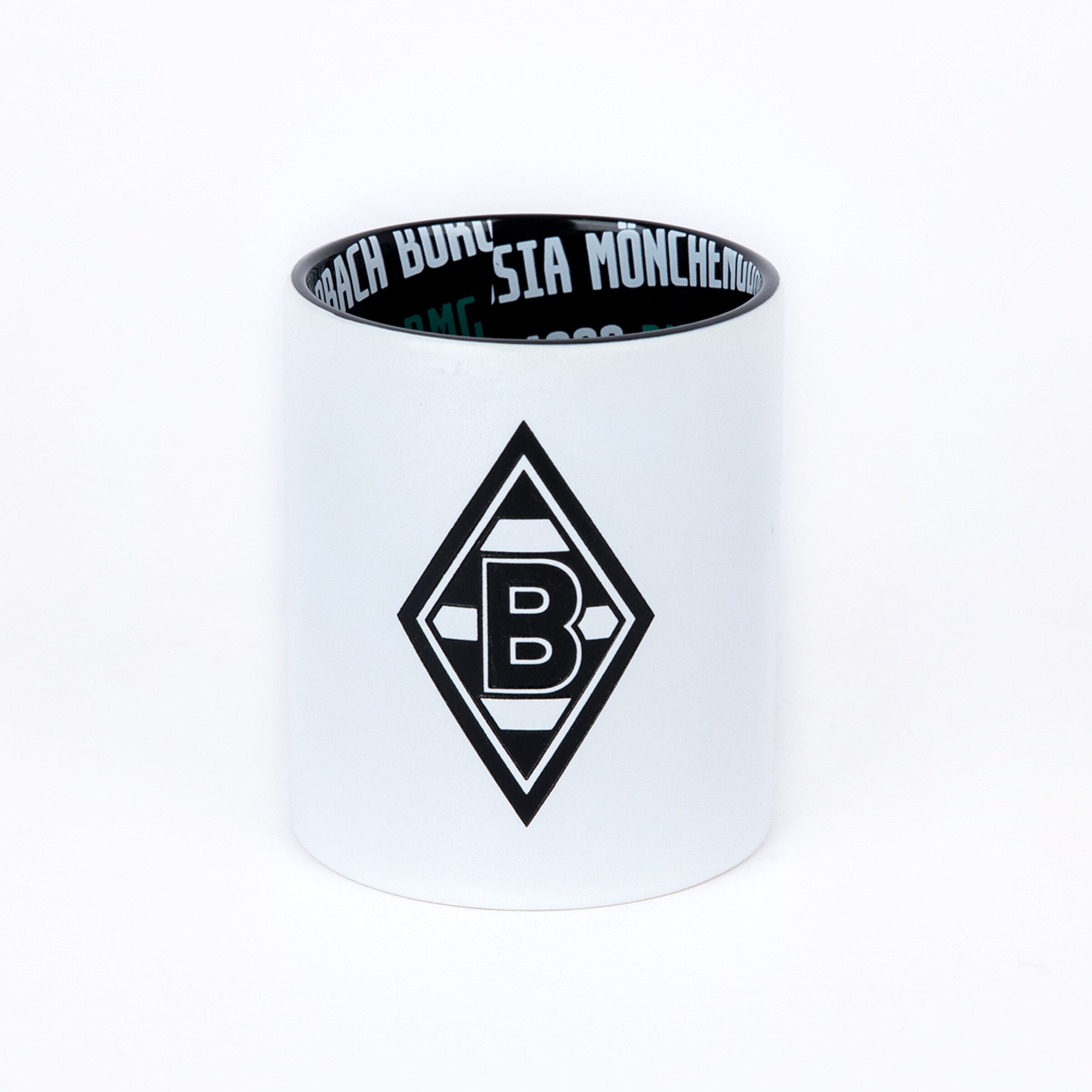 Tasse mit Borussia Mönchengladbach-Logo in Schwarz auf weißem Hintergrund.
