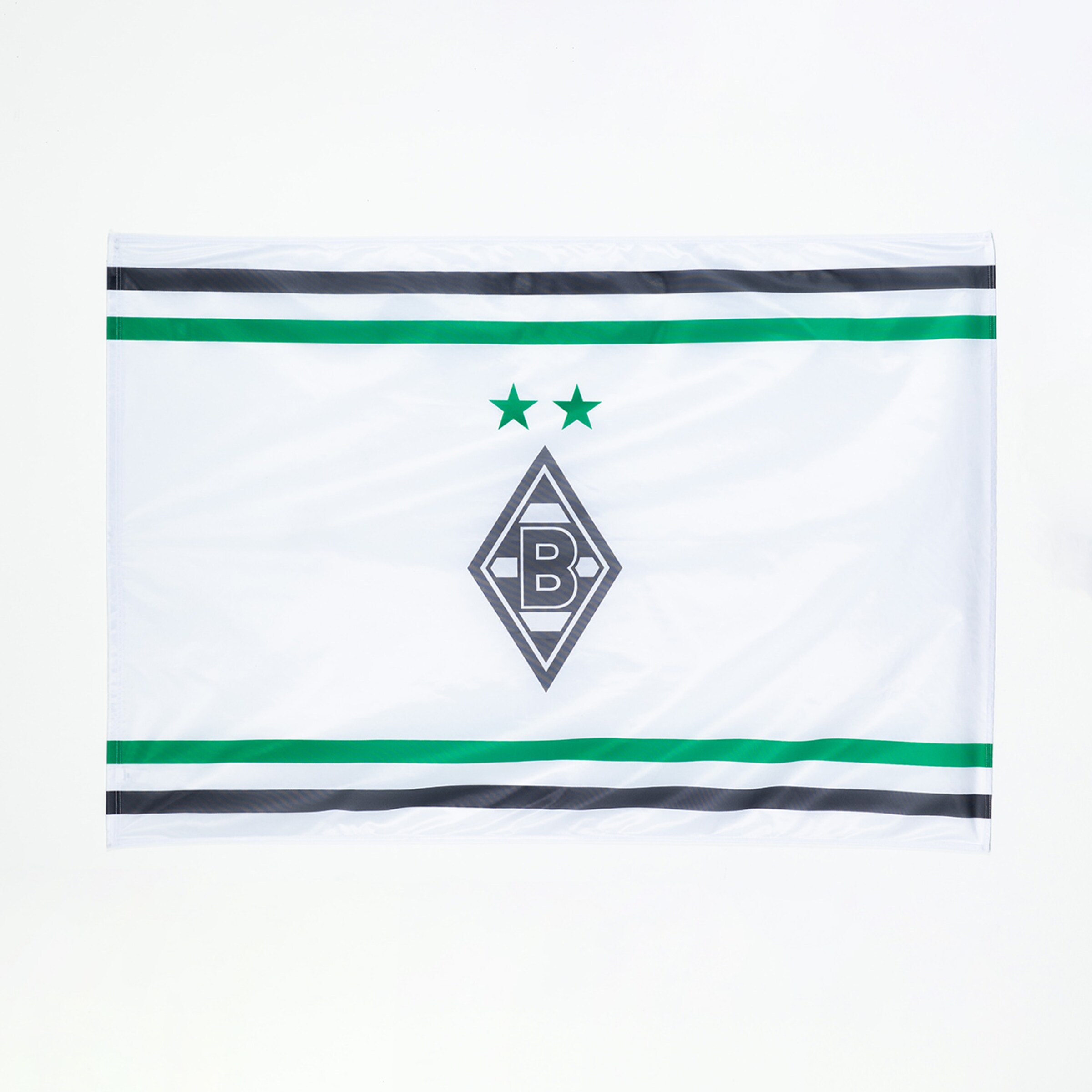 Flagge von Borussia Mönchengladbach mit grauem Vereinsemblem und zwei Sternen.