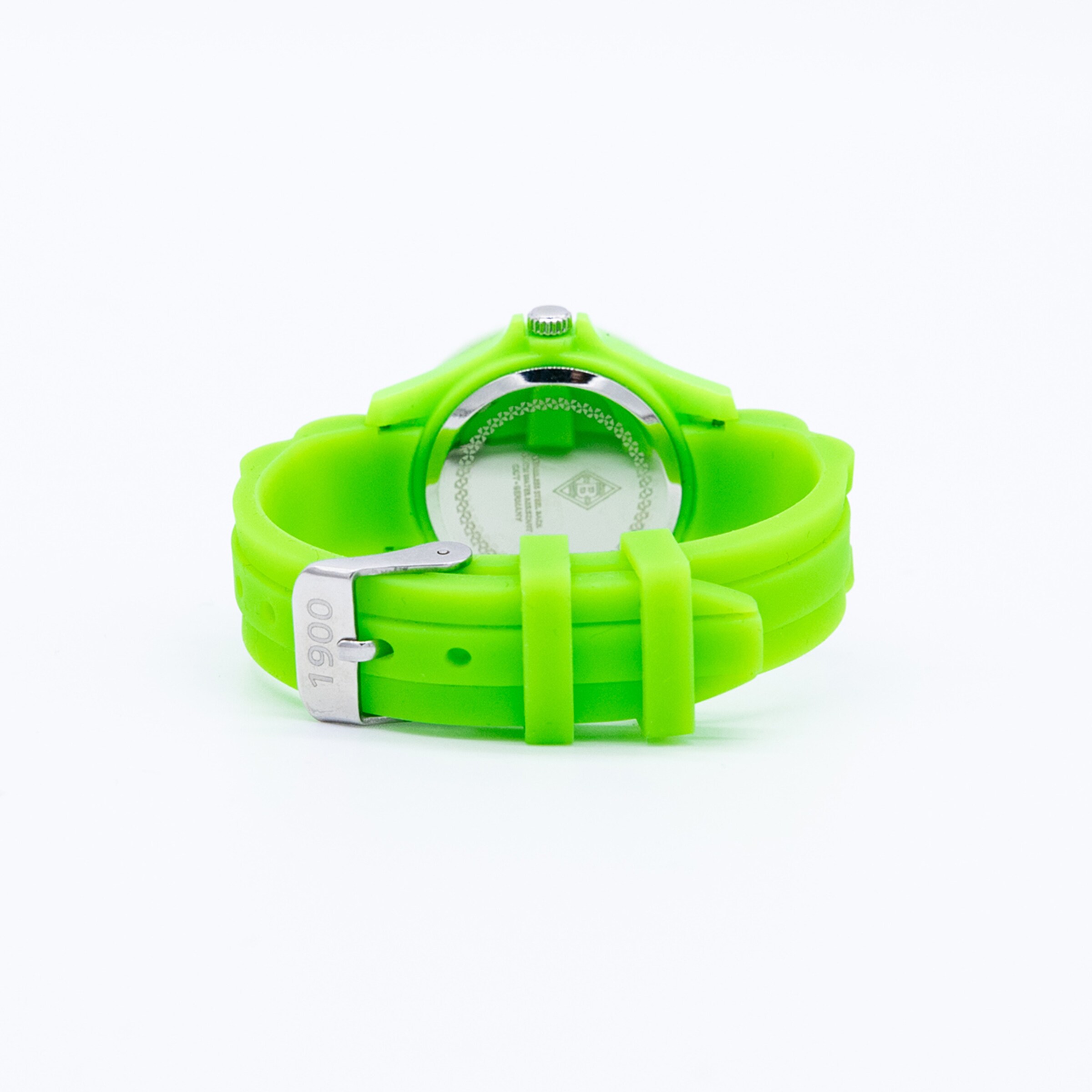 Grüner Silikon-Armbanduhr mit Edelstahlverschluss Rückansicht.