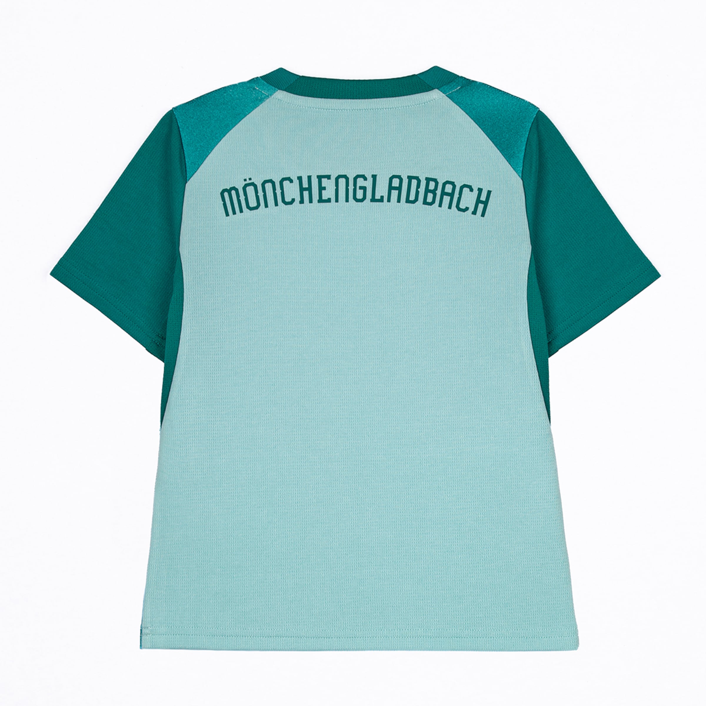 Rückansicht eines hellblauen und dunkelpetrolfarbenen T-Shirts mit Raglanärmeln, auf dem Rücken steht „MÖNCHENGLADBACH“ in Dunkelpetrol.