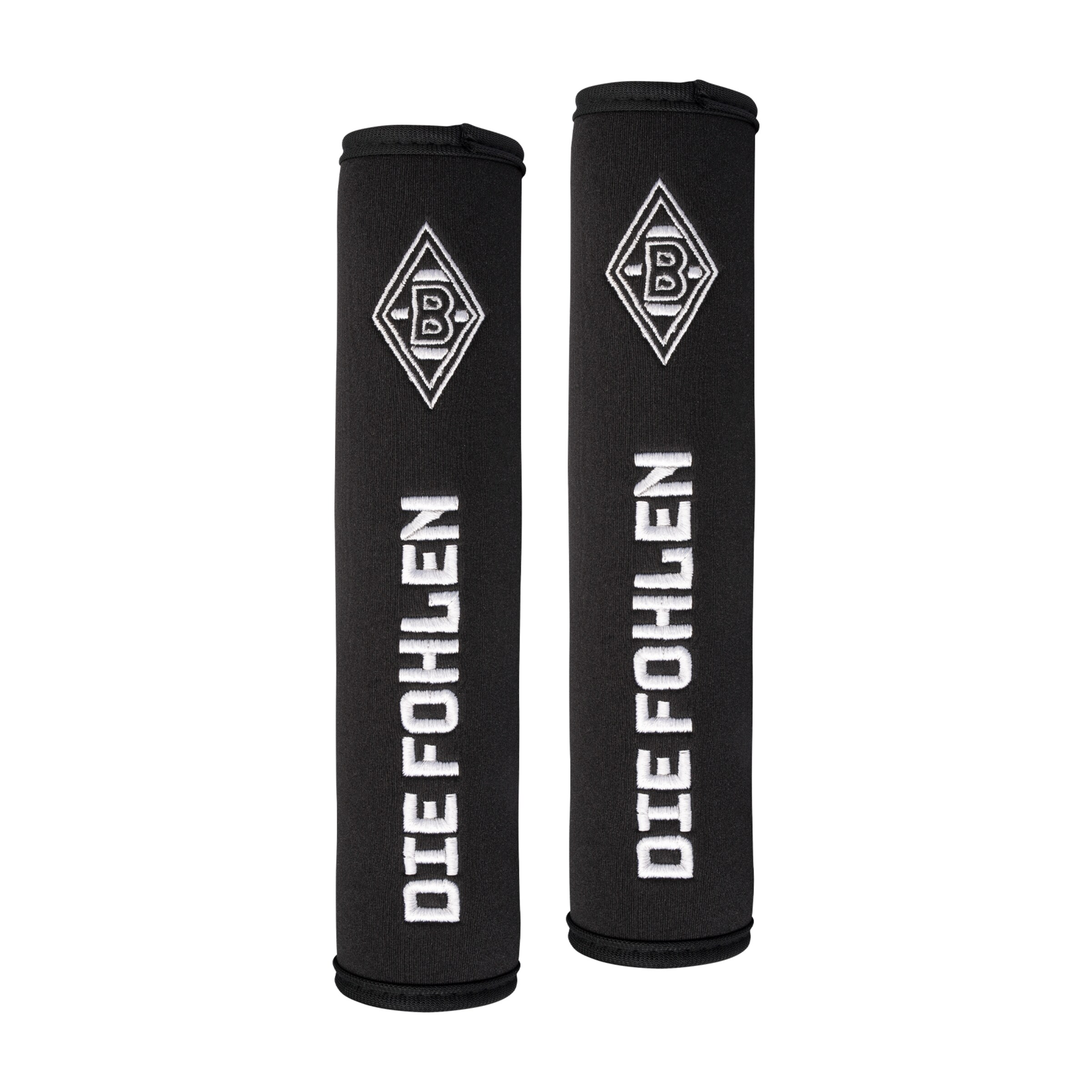 Schwarze Schienbeinschoner mit dem Schriftzug DIE FOHLEN und Vereinslogo von Borussia Mönchengladbach.