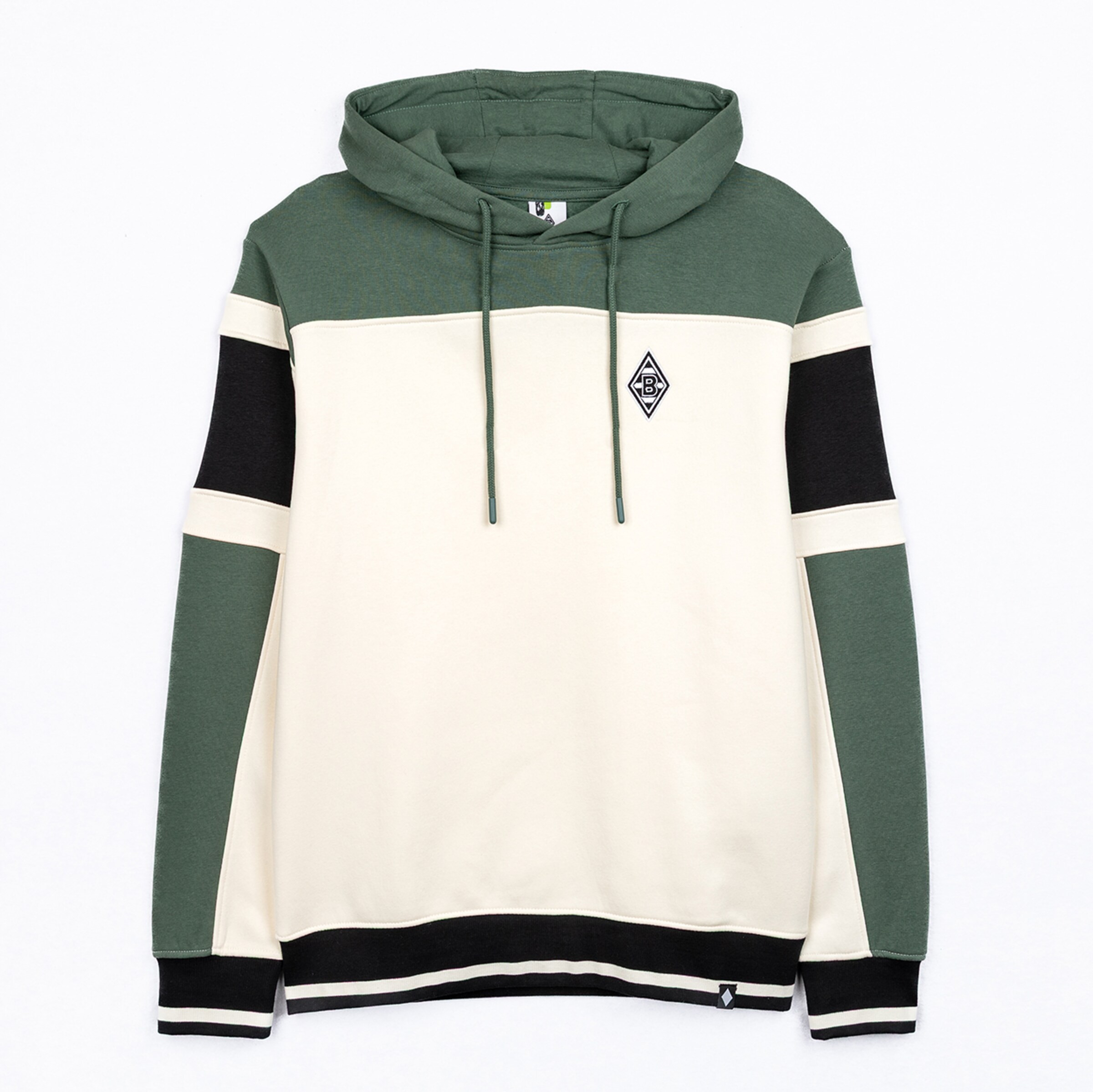 Borussia Mönchengladbach Hoodie mit Farbblock-Design in Grün, Creme und Schwarz sowie Rauten-Logo auf der Brust.
