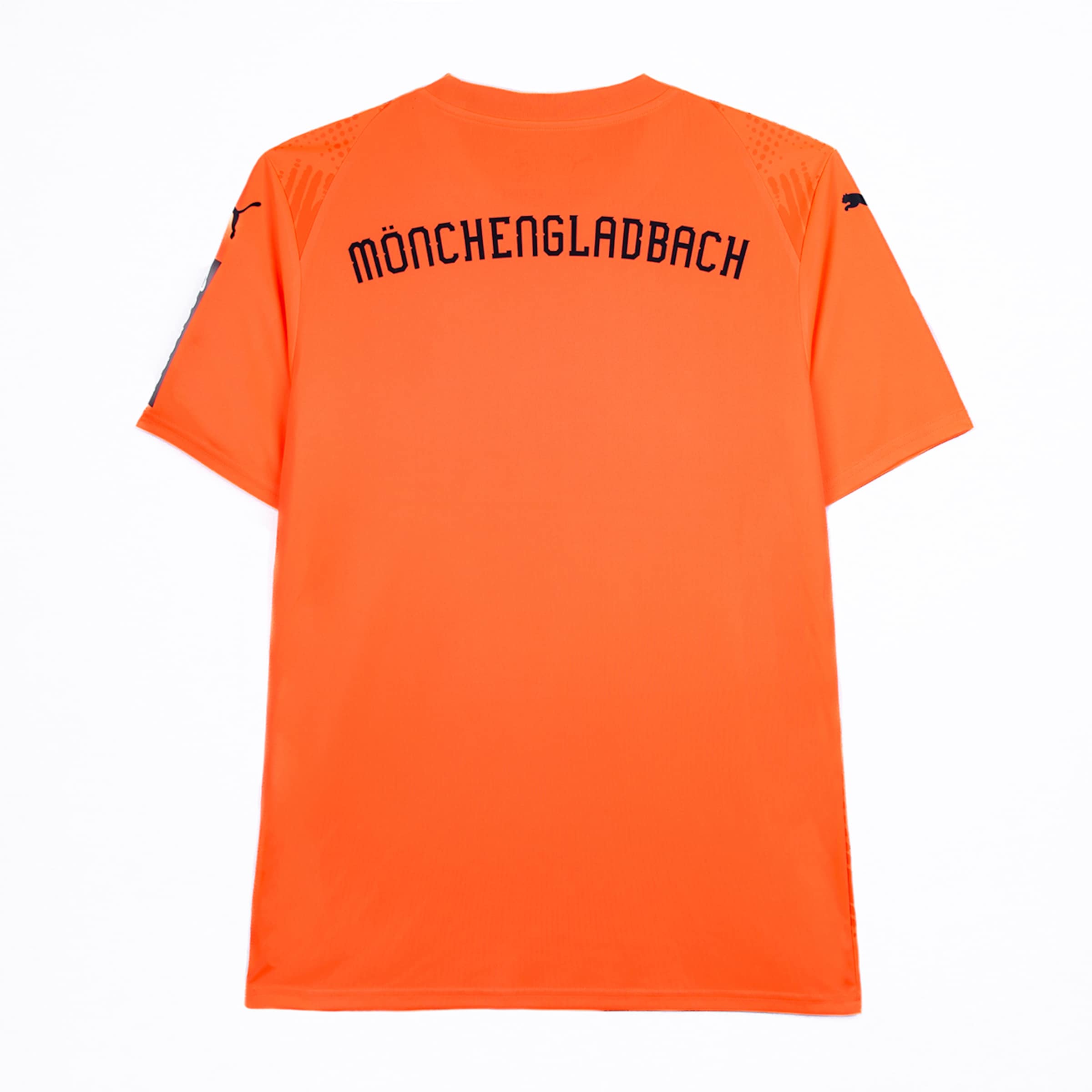 Back view of an orange Borussia Mönchengladbach football jersey by Puma with black "MÖNCHENGLADBACH" lettering.