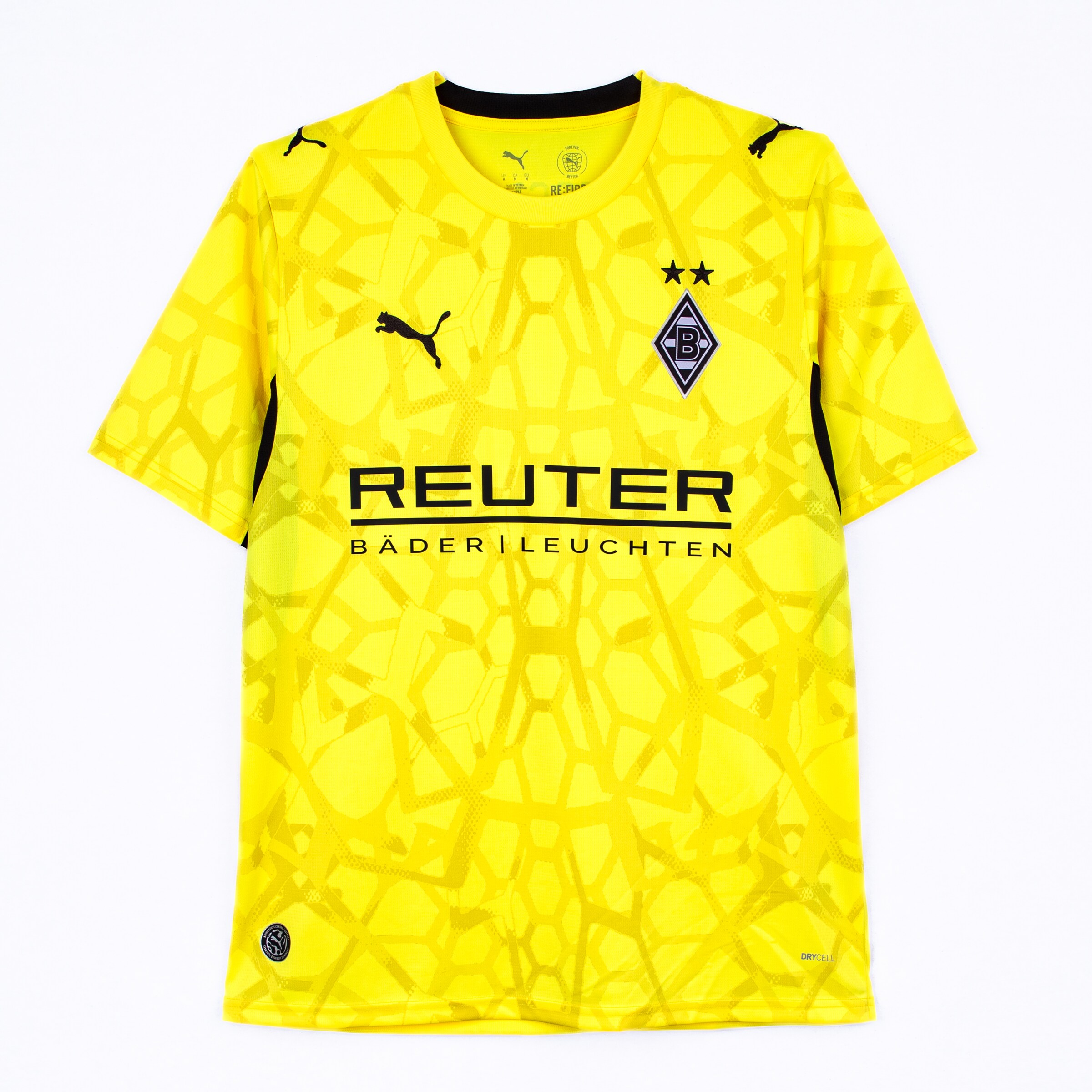 Gelbes Borussia Mönchengladbach Torwarttrikot von Puma mit Wabenmuster, Vereinswappen und REUTER-Schriftzug.